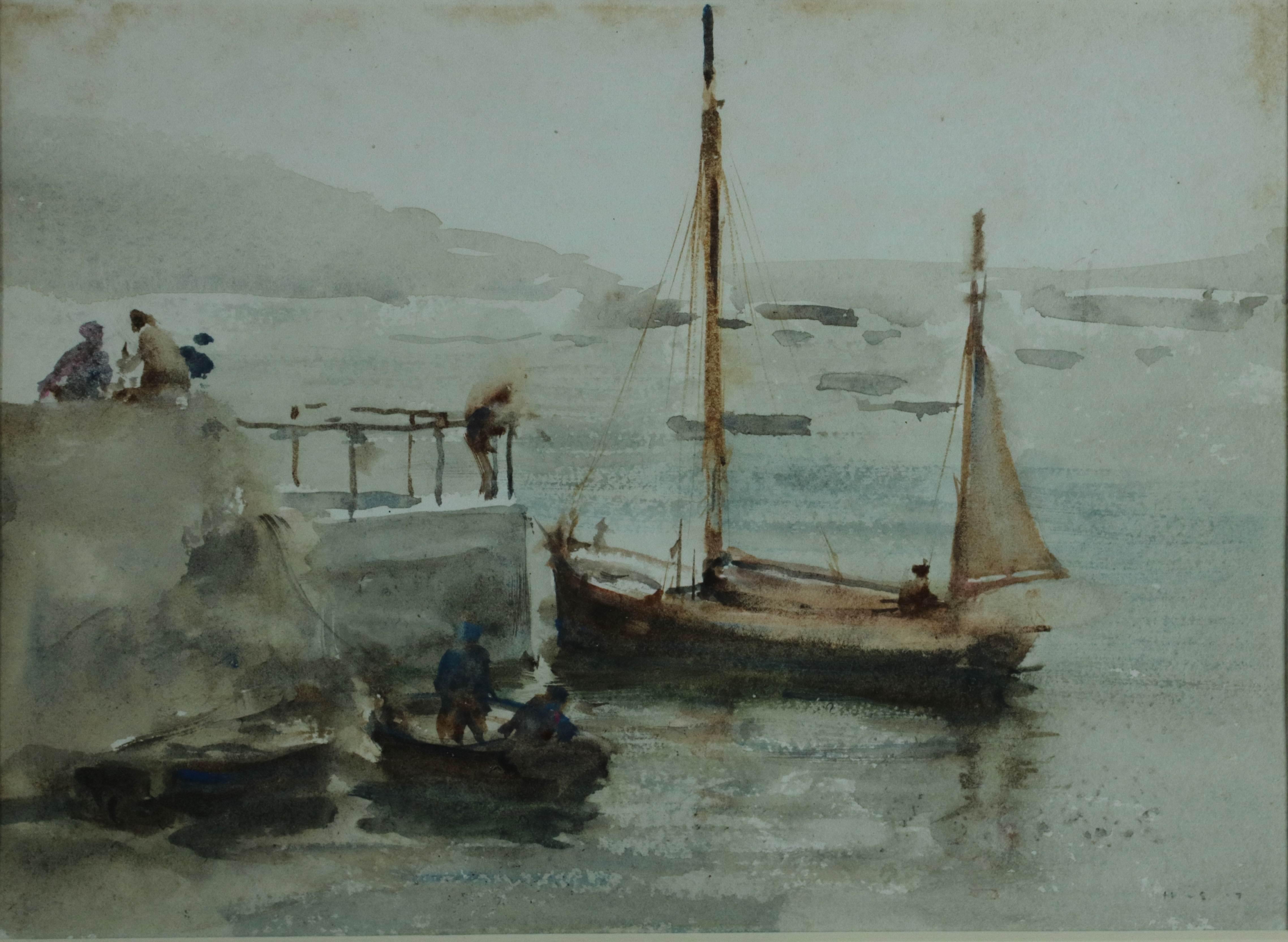 Victorian Early Twentieth Century Watercolor Marine of Boats and Figures at Quay - Art by Henry Scott Tuke