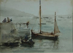 Victorian Early Twentieth Century Watercolor Marine of Boats and Figures at Quay