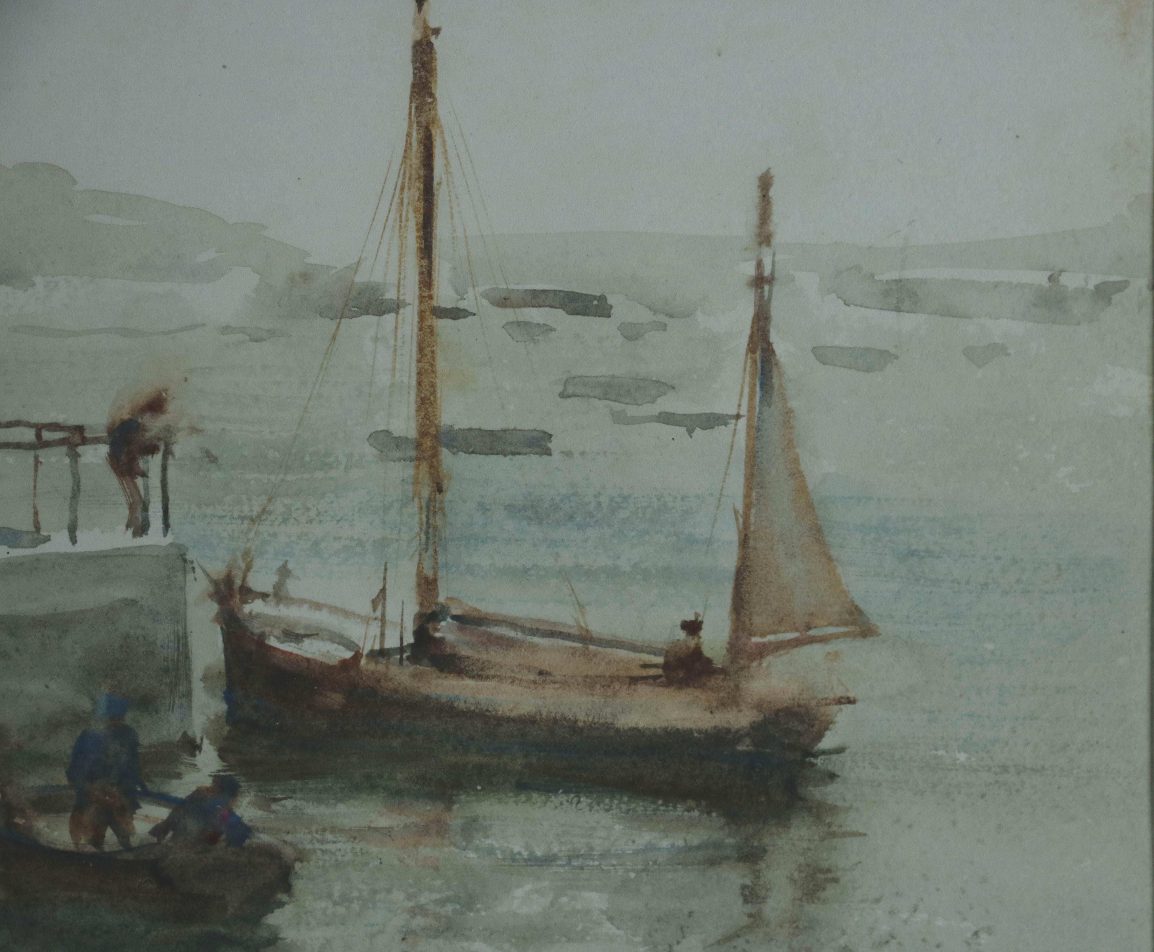 Victorian Early Twentieth Century Watercolor Marine of Boats and Figures at Quay For Sale 2