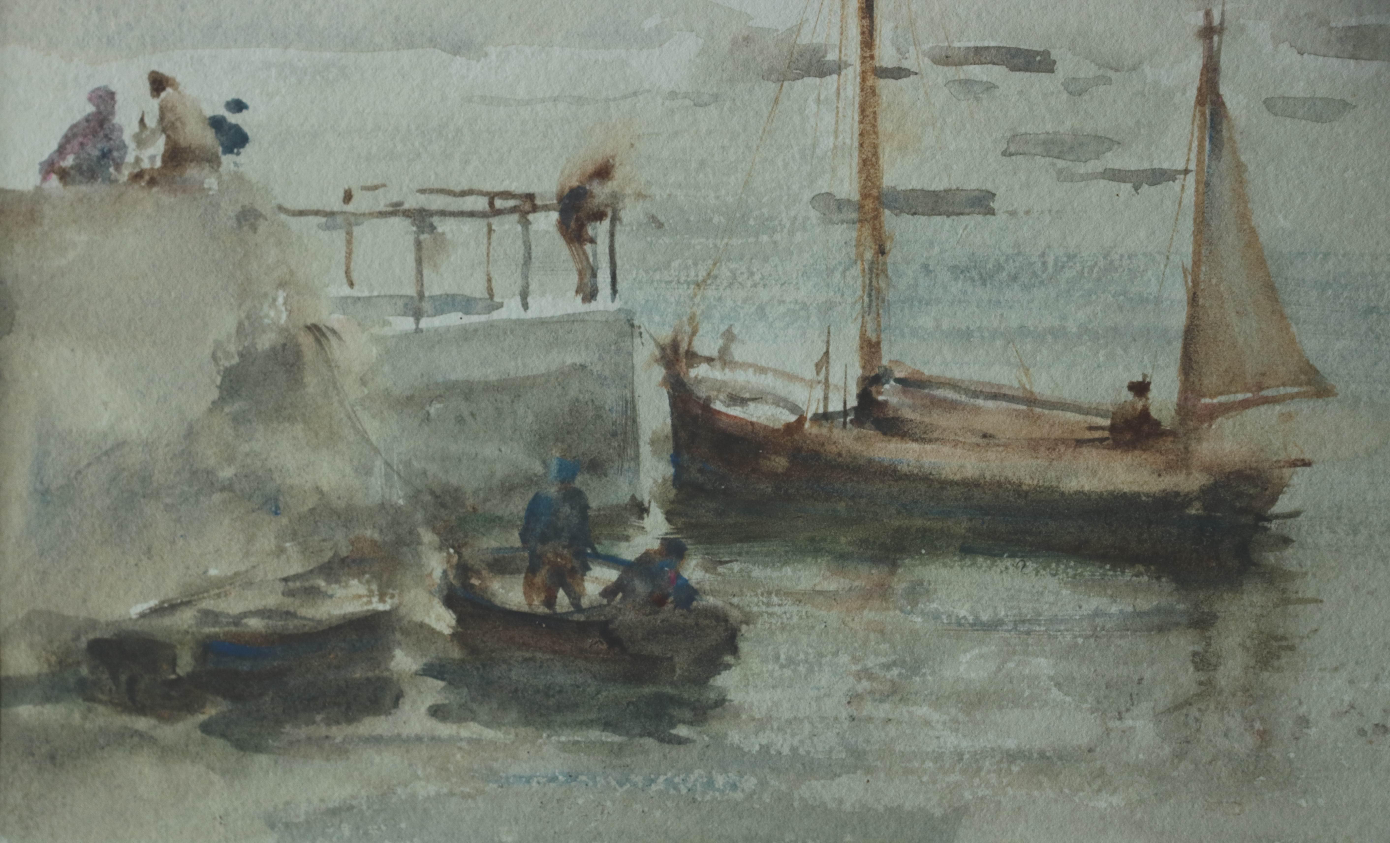 Victorian Early Twentieth Century Marine Watercolour of Customs House Quay Falmouth.  It is a Signed Watercolour on paper, laid on board with a mount and Framed and Glazed.
By the celebrated Newlyn School Artist Henry Scott Tuke 1858 - 1929, he was