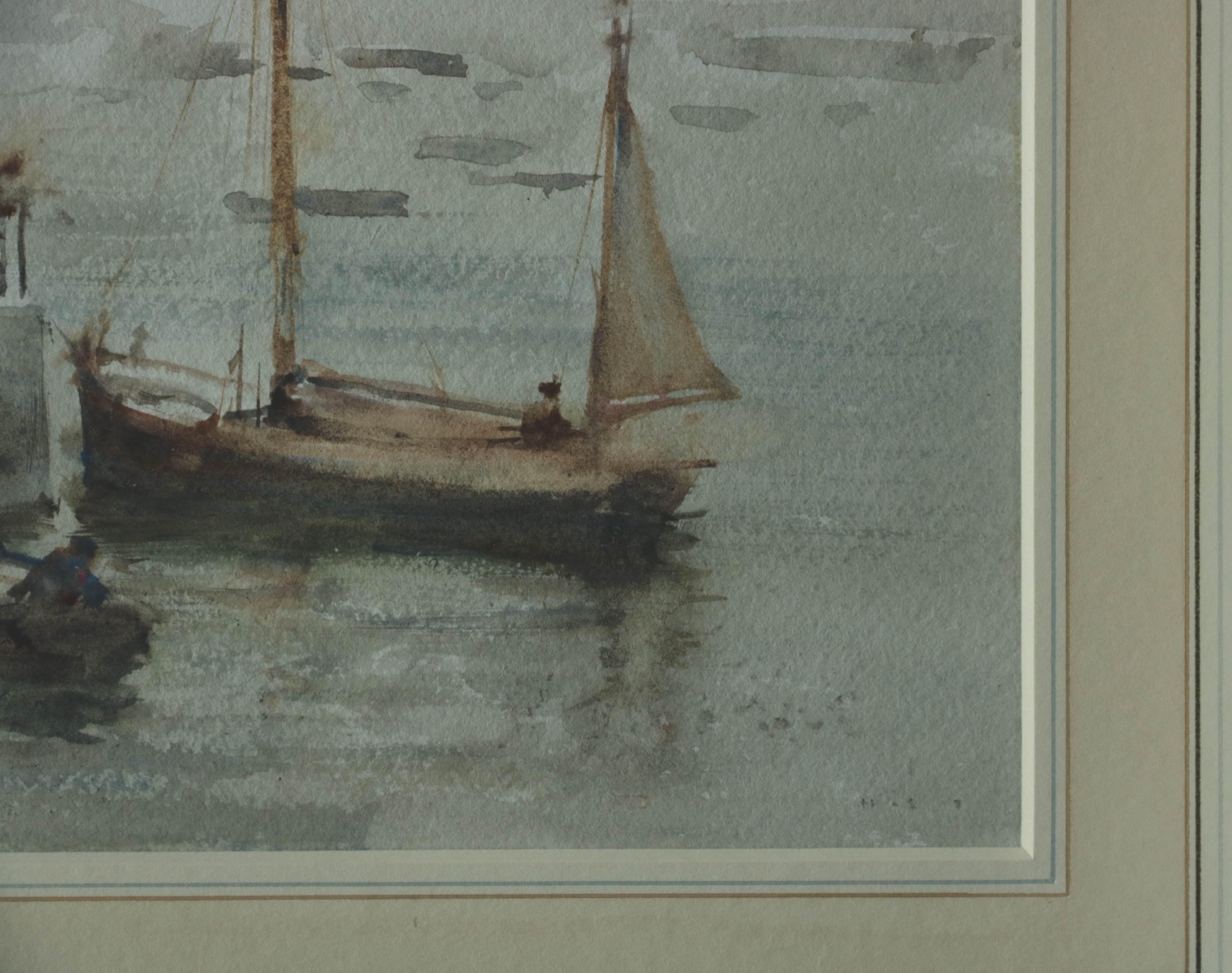 Victorian Early Twentieth Century Watercolor Marine of Boats and Figures at Quay For Sale 1