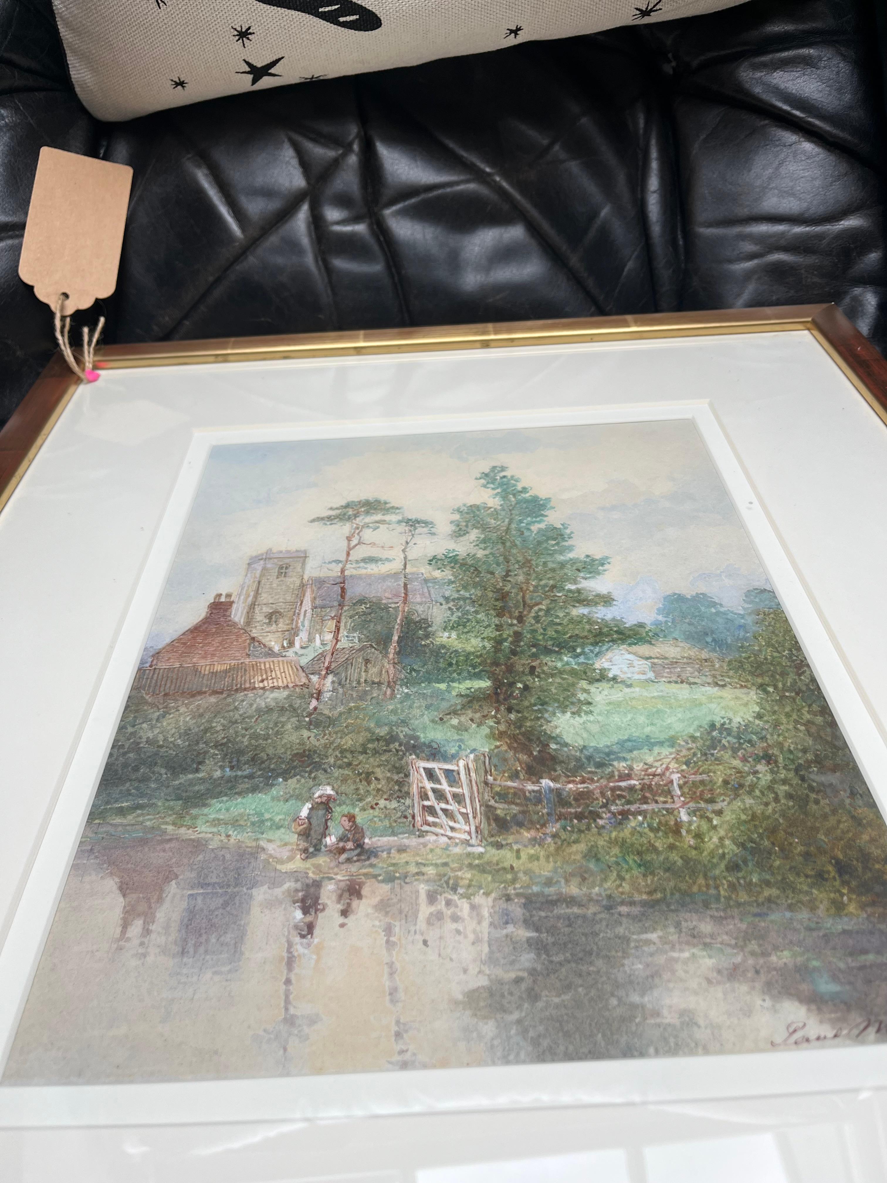 Paesaggio acquerellato con bambini vicino a un ruscello in una scena di campagna - Art di Paul Marny