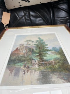 Landscape Watercolour with Children by a stream in a Country Scene