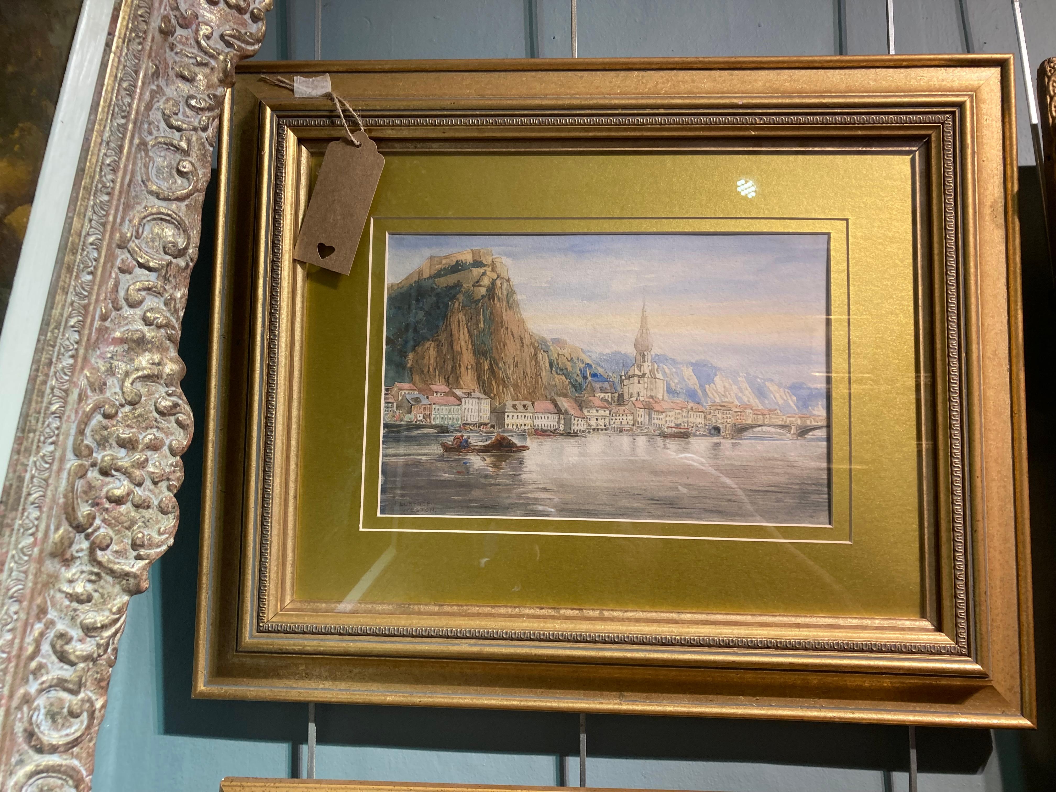 Aquarelle du début du Twentieth siècle représentant un paysage urbain de Naimur, Belgique - Réalisme Art par Florence Weston 