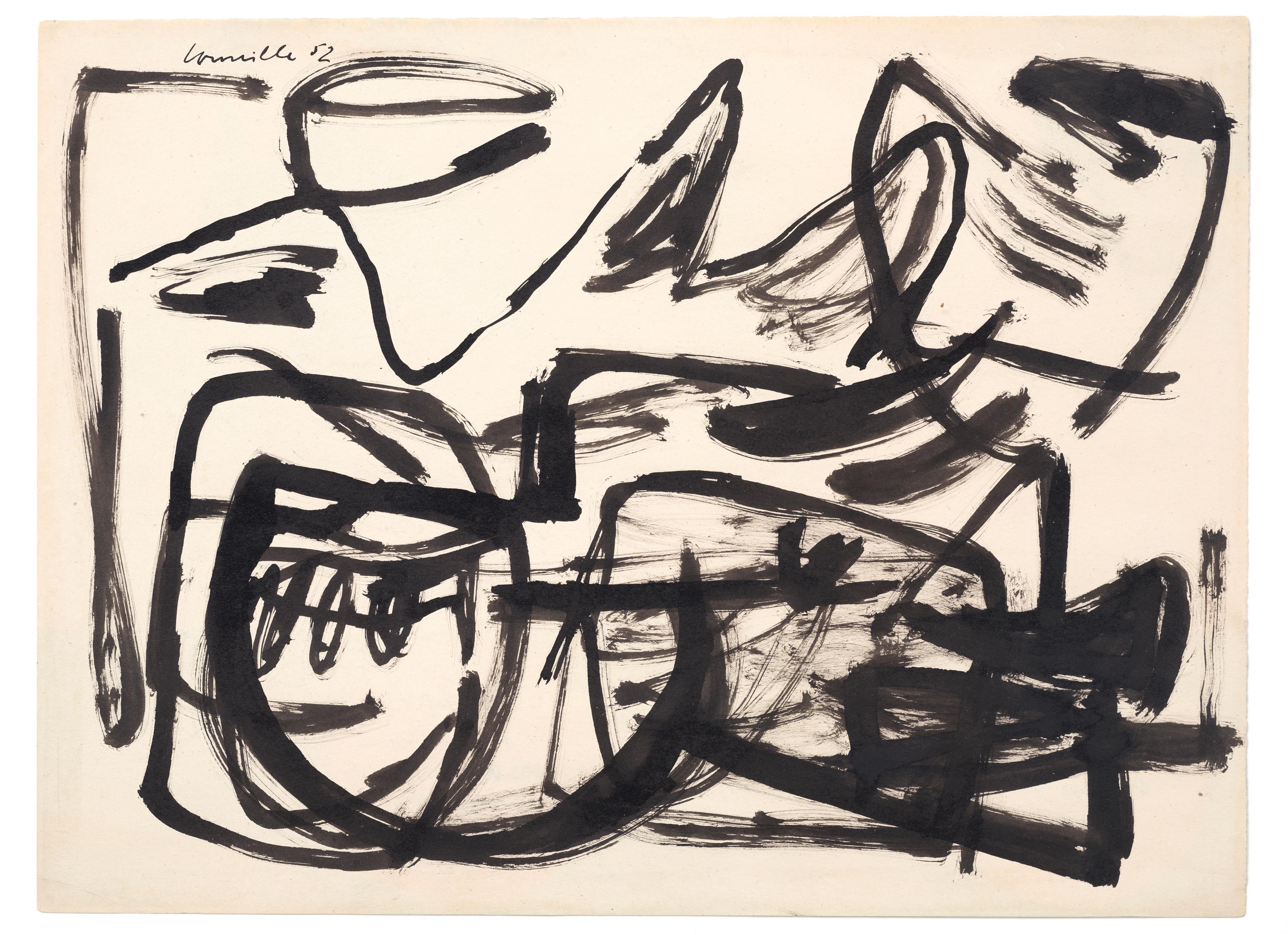 Guillaume Cornelis van Beverloo (Corneille) Abstract Drawing - Untitled, Corneille, 1952 (Expressionist Abstract Ink Painting)