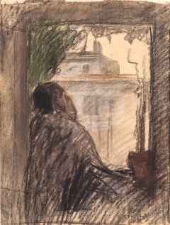 Man Seated at a Window, Joseph Stella, 1930, Charcoal Figurative Drawing