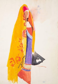 Woman with Orange Shawl, Joseph Stella, Pencil and Watercolor on Pencil