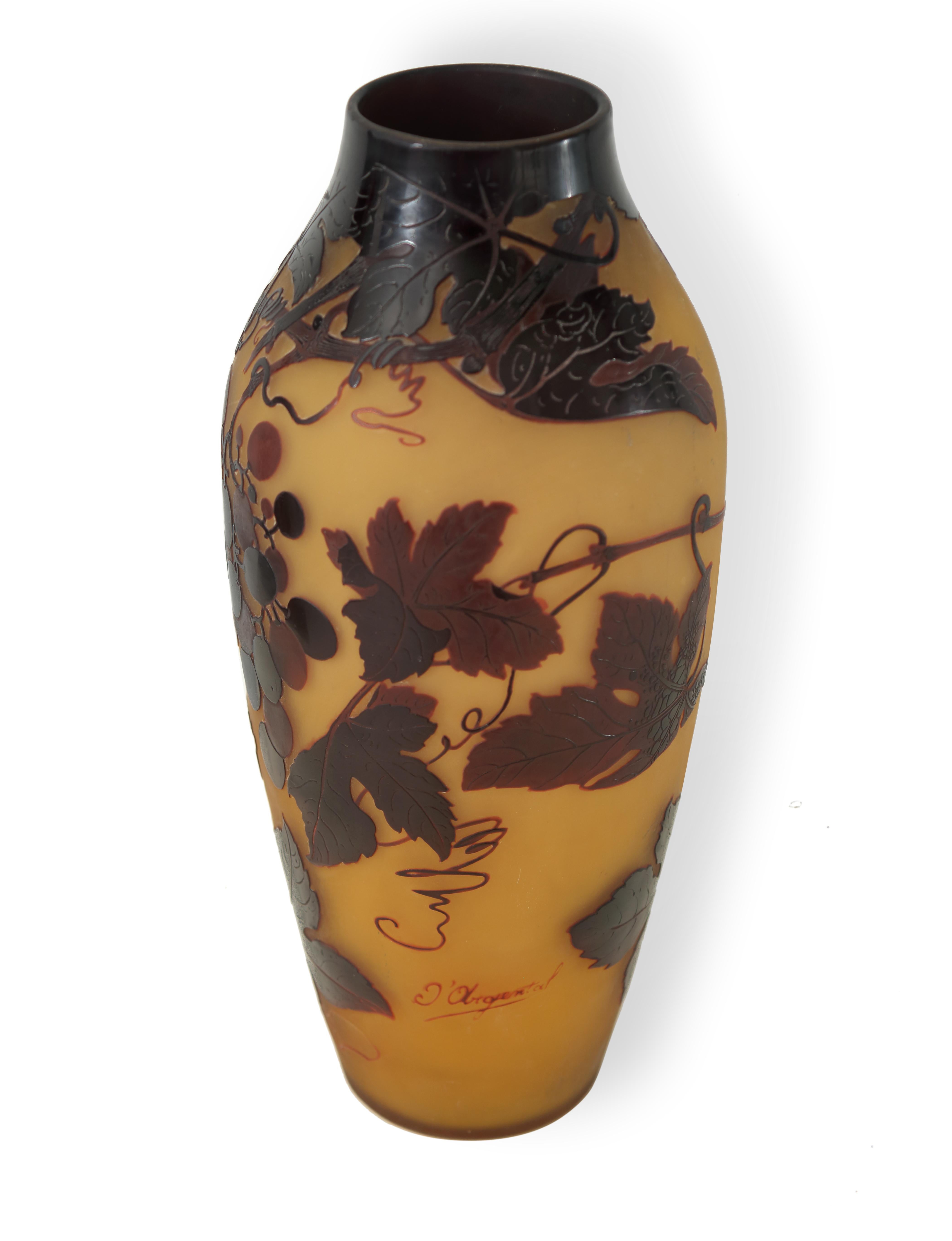 A monumental acid-etched cameo Art Noveau red and yellow art glass scenic vase. Beautiful Art Deco-Art Nouveau decorative vase. Condition is good, with wear commensurate with age and use.