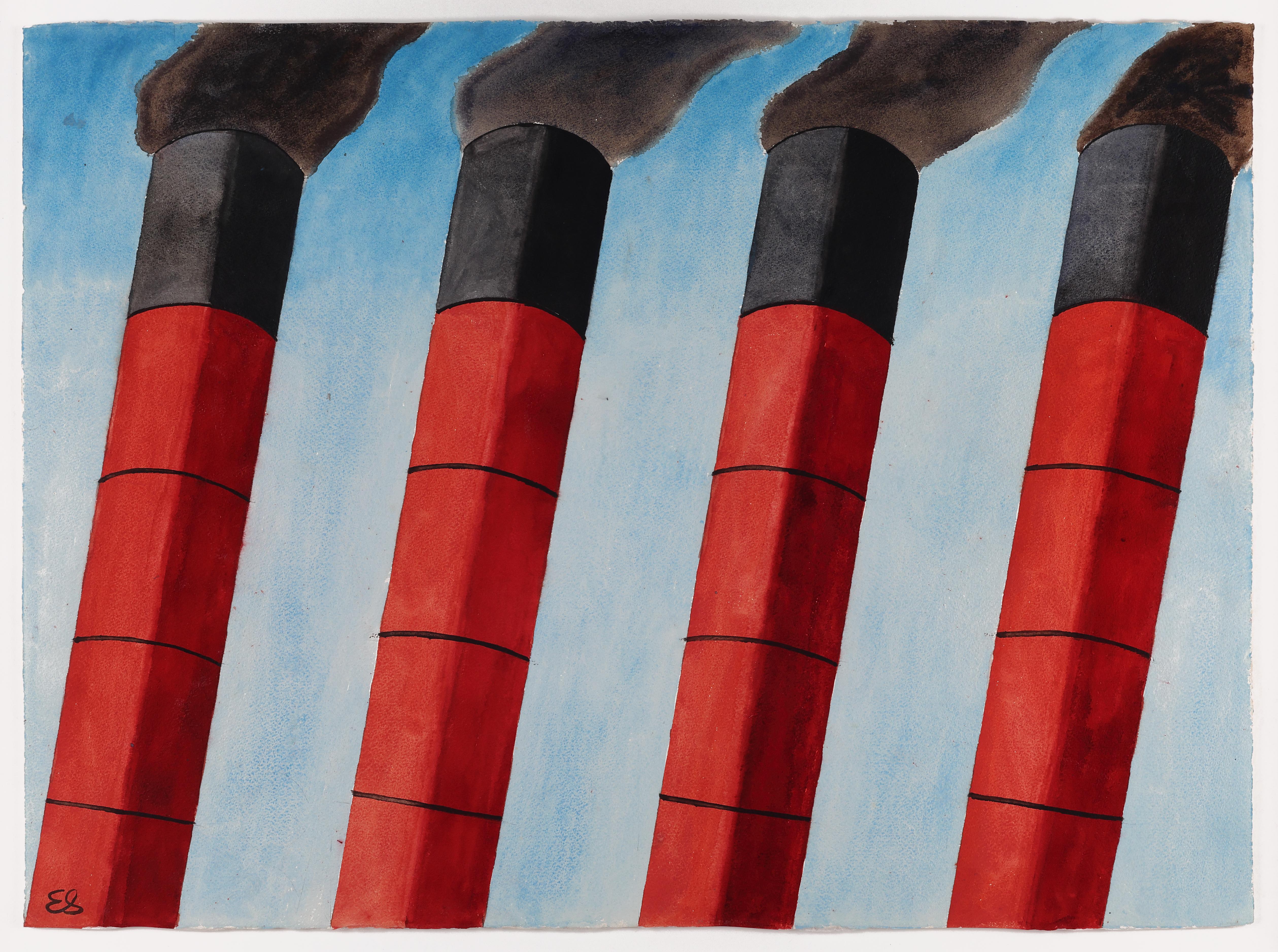 Emilio Sanchez, Smokestacks Day, Watercolor