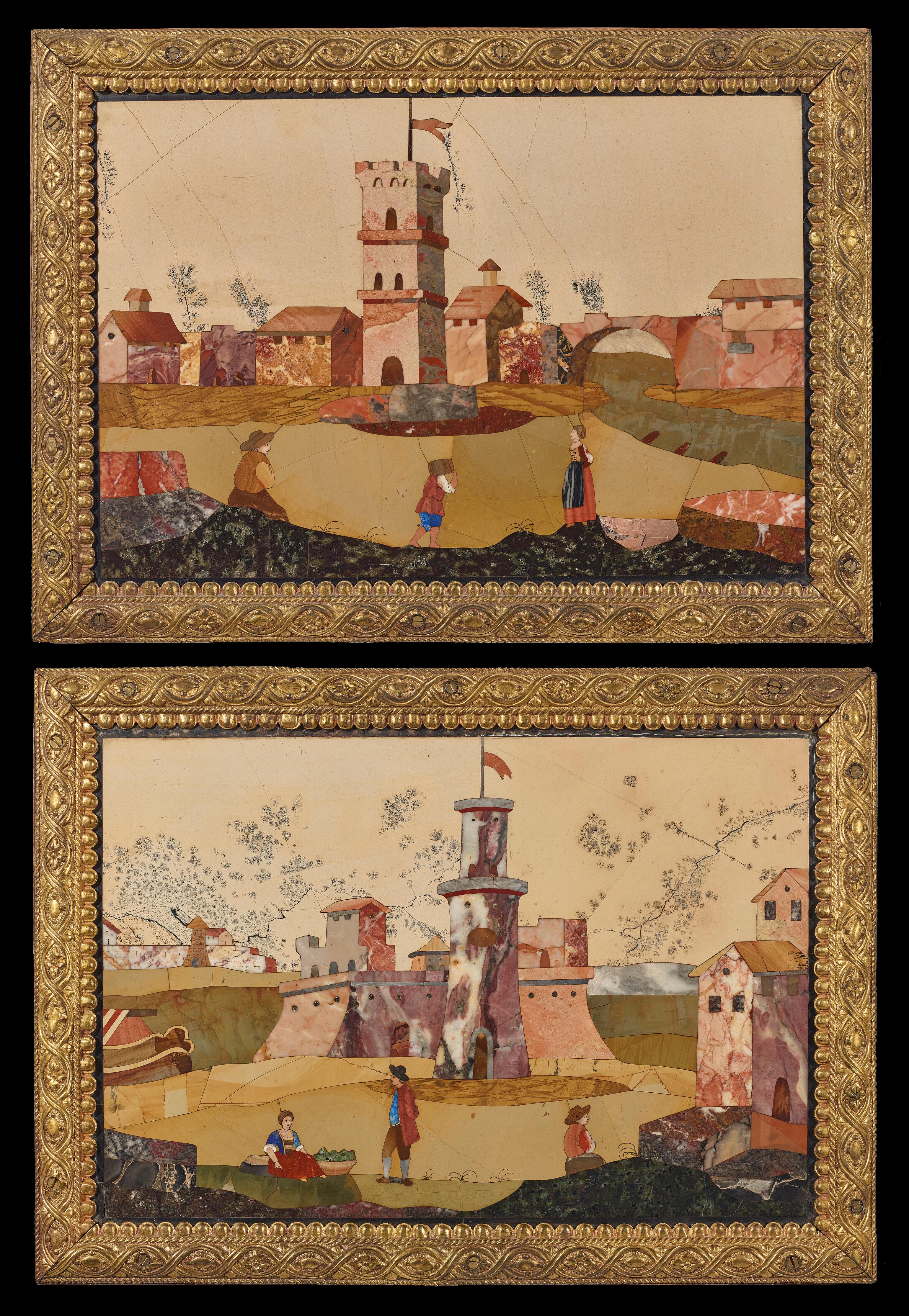 PAIR OF FLORENTINE ANTIQUE PIETRA DURA PLAQUES WITH BRONZE FRAME, 18th Century - Art by Unknown