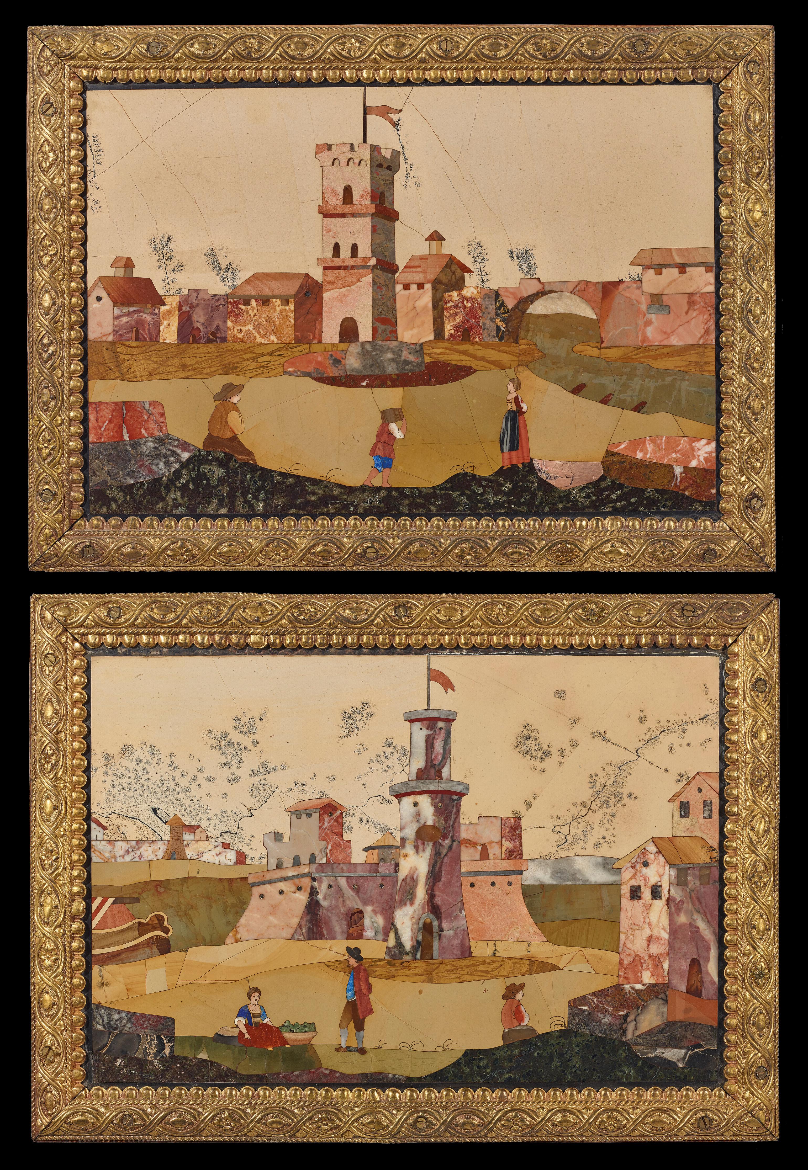 PAR DE PLAQUES FLORENTINOS ANTIGUOS DE PIETRA DURA CON MARCO DE BRONCE, Siglo XVIII