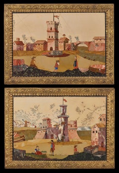 PAIR OF FLORENTINE ANTIQUE PIETRA DURA PLAQUES WITH BRONZE FRAME, 18th Century