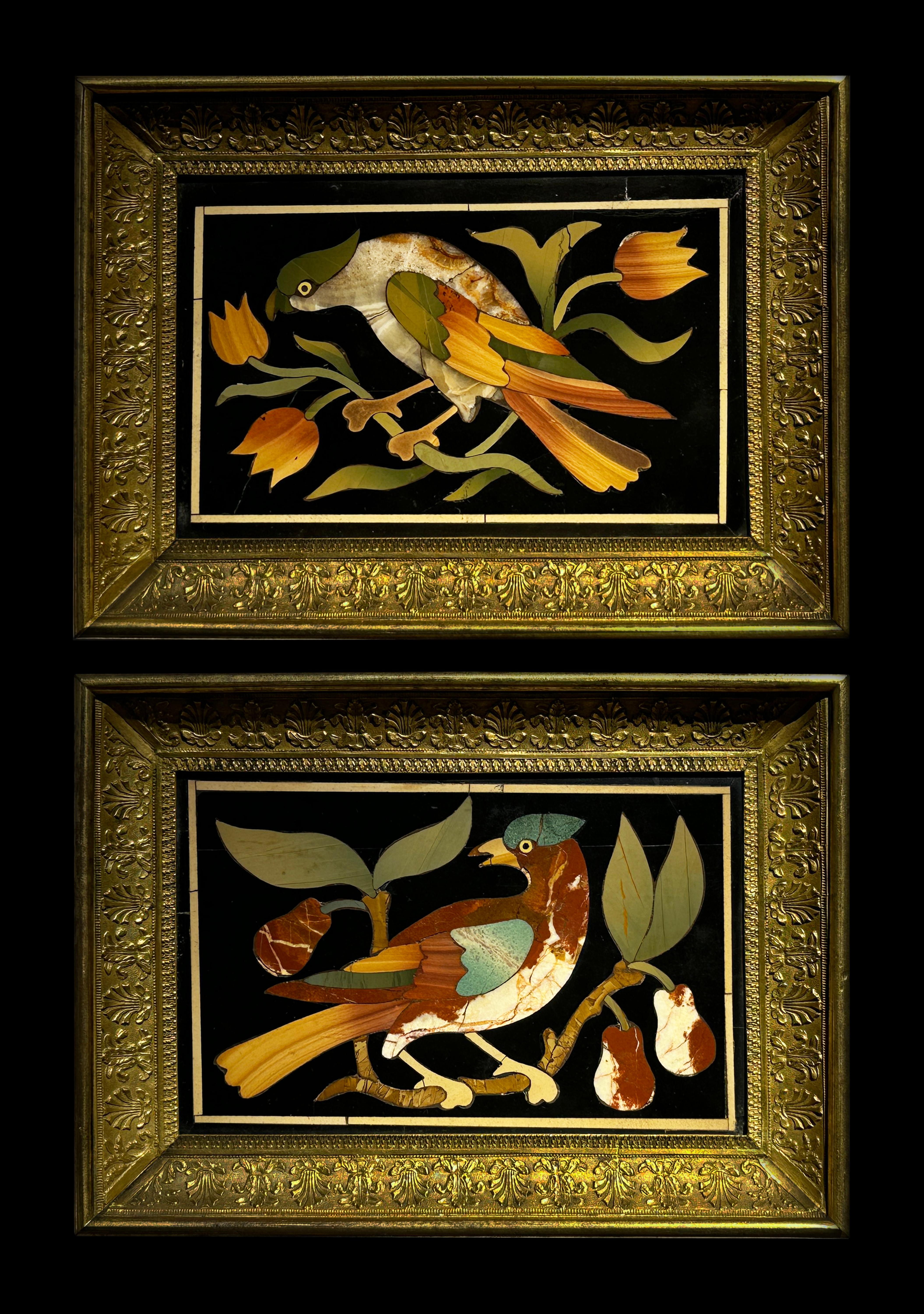 PAIR OF PIETRA DURA PLAQUES WITH BIRDS IN GILT BRONZE FRAME, 18th Century