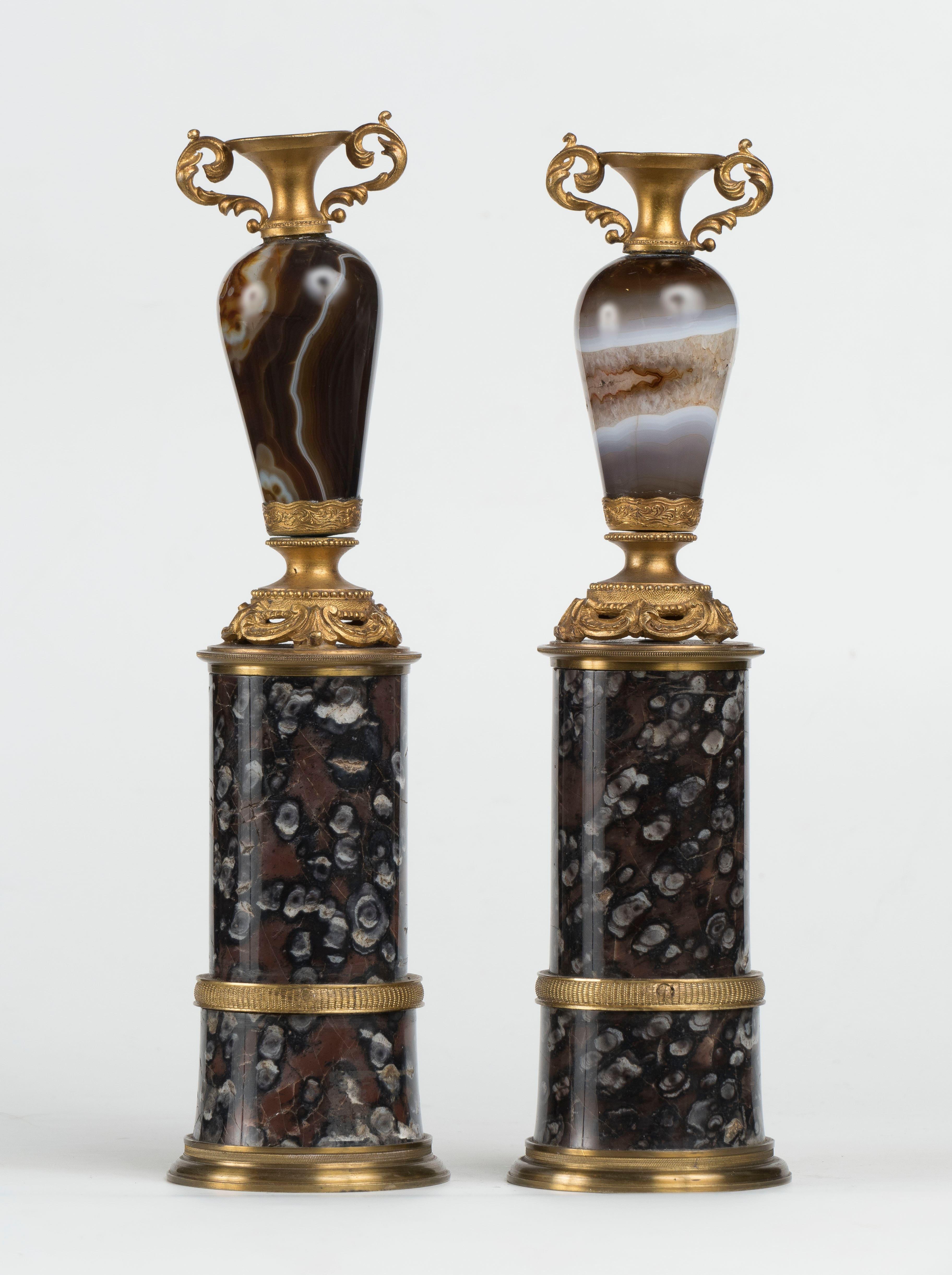 PAIR OF FRENCH MOUNTED PIETRA DURA URNS, 19TH CENTURY