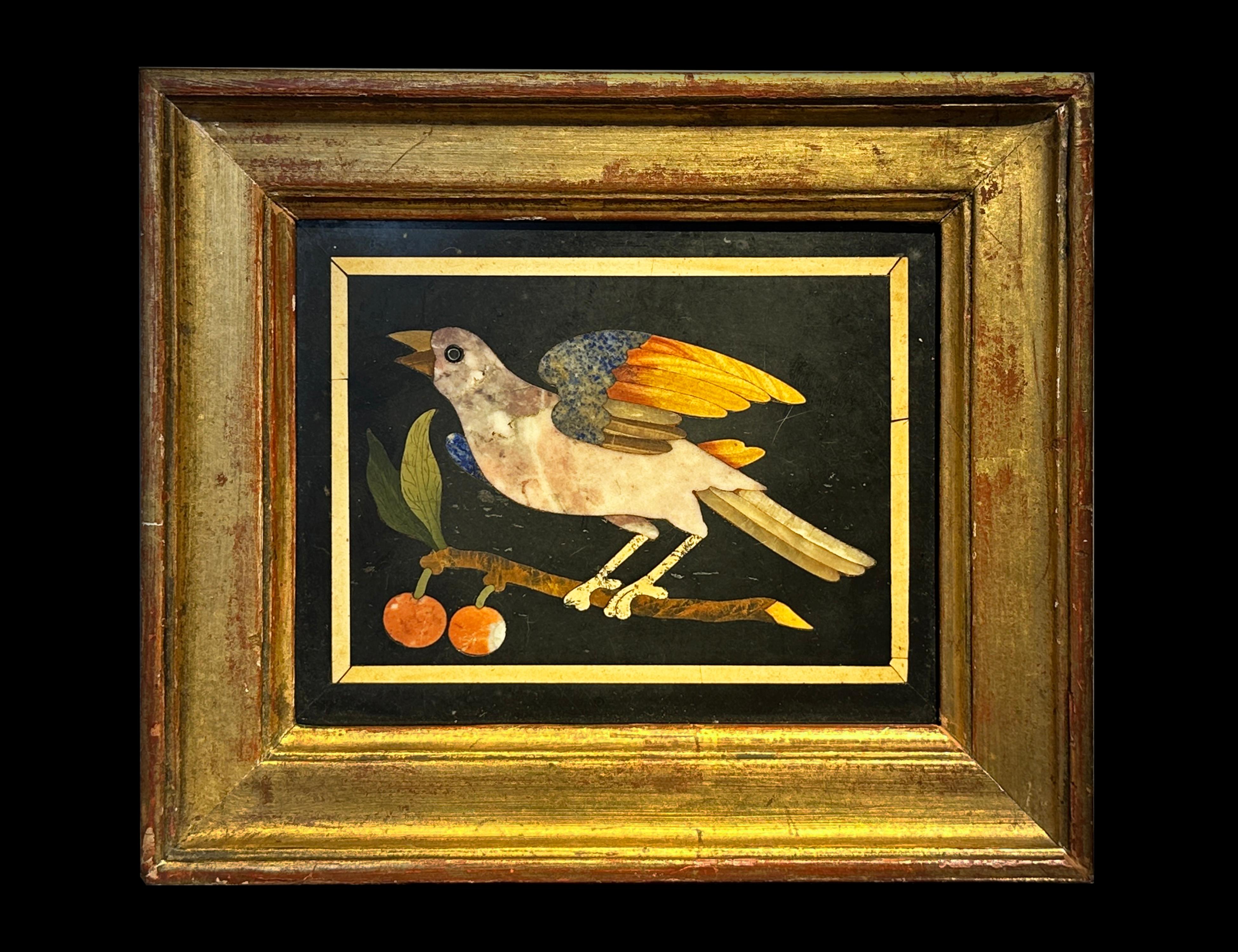 PAIR OF PIETRA DURA PLAQUES WITH BIRDS
Florence, 18th Century
pietre dure in gilt wood frame

9.5 x 12 cm (3 3/4 x 4 3/4 in) without frame
15 x 17.2 cm (6 x 6 3/4 in) with frame