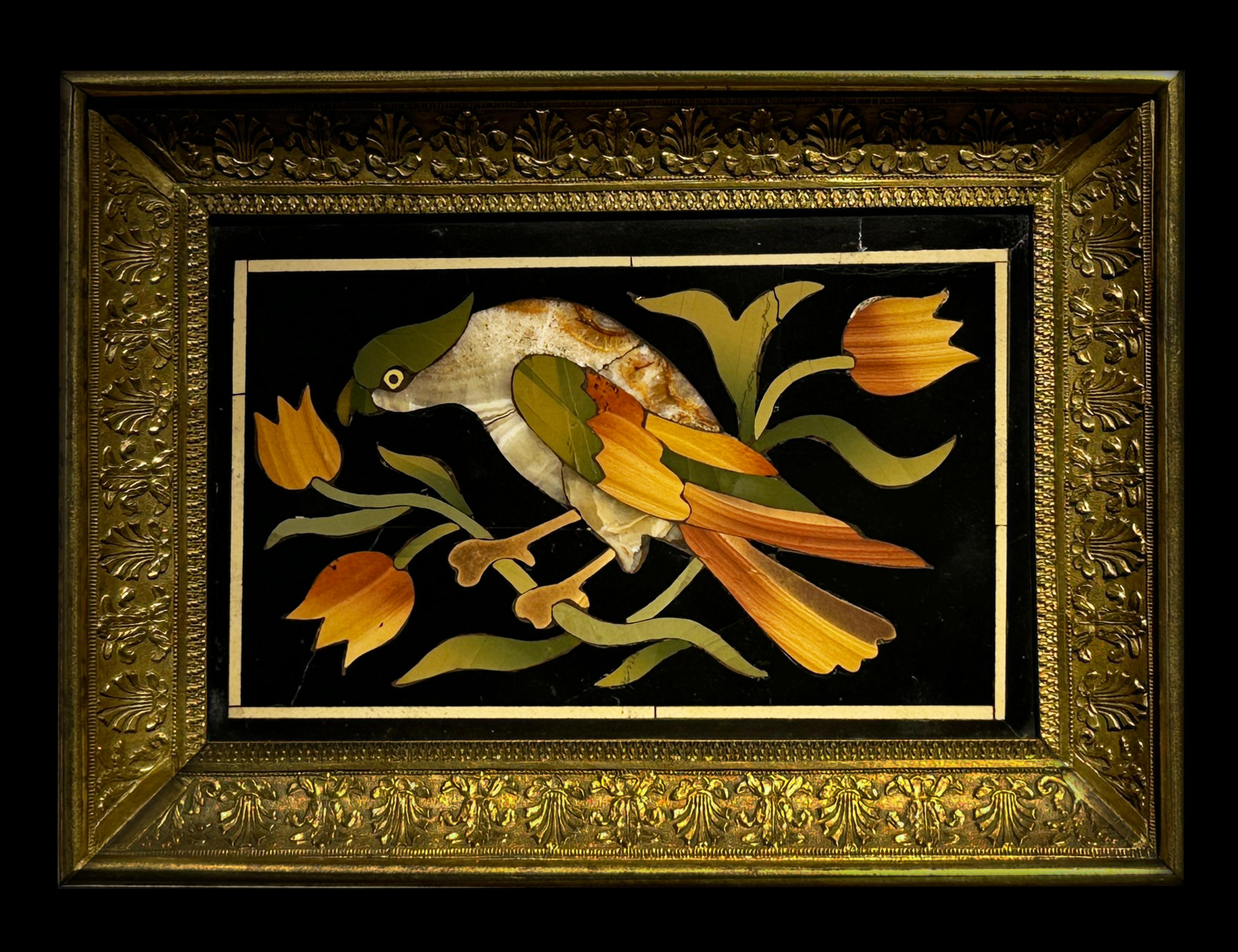 PAIR OF FLORENTINE PIETRA DURA PLAQUES WITH BIRDS IN GILT BRONZE FRAME
Florence, 18 Century
Pietra dura, gilt bronze frame

7.5 x 11.5 cm (3 x 4 1/2 in) without frame
11.4 x 15.5 cm (4 1/2 x 6 in) with frame