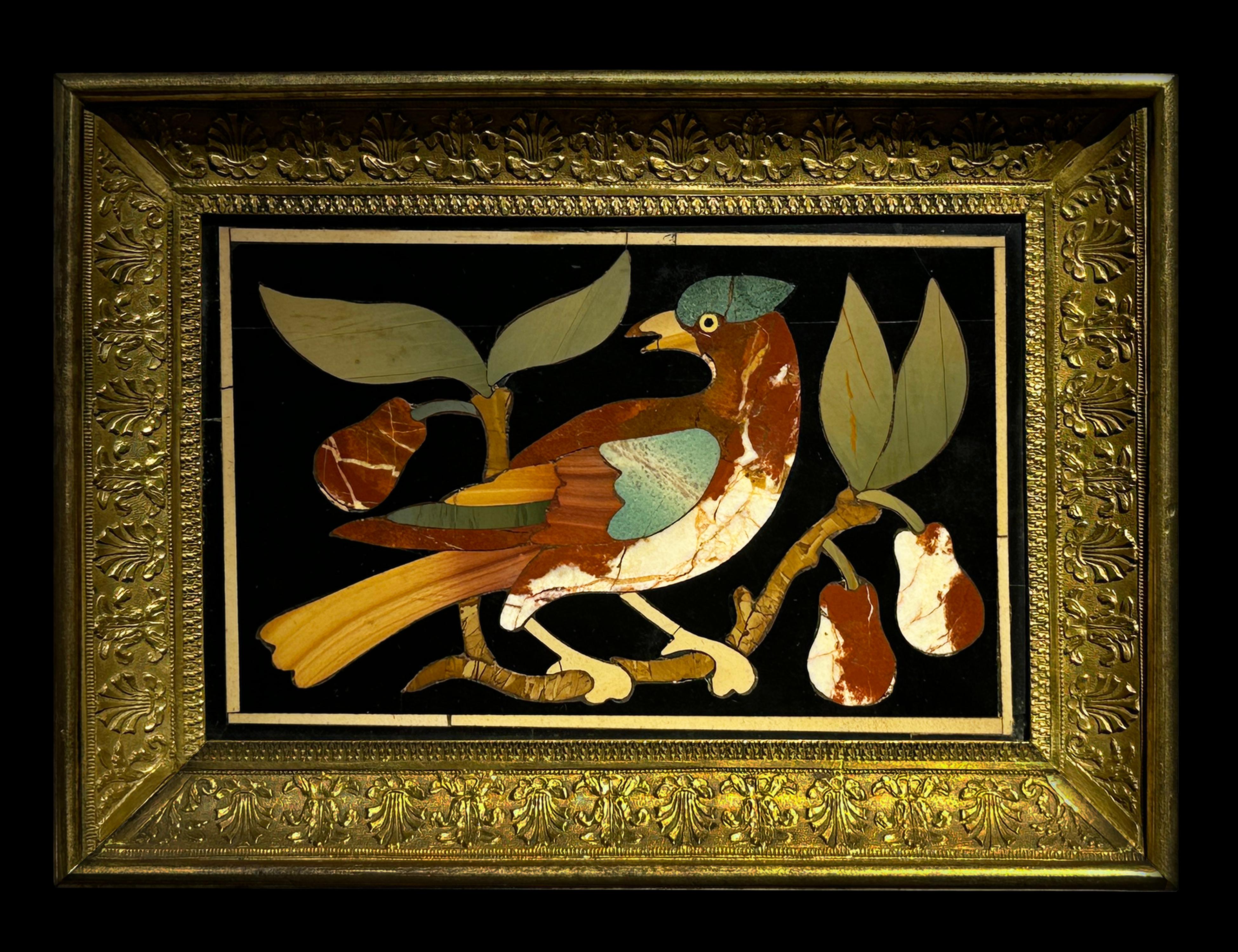 PAIR OF PIETRA DURA PLAQUES WITH BIRDS IN GILT BRONZE FRAME, 18th Century For Sale 1