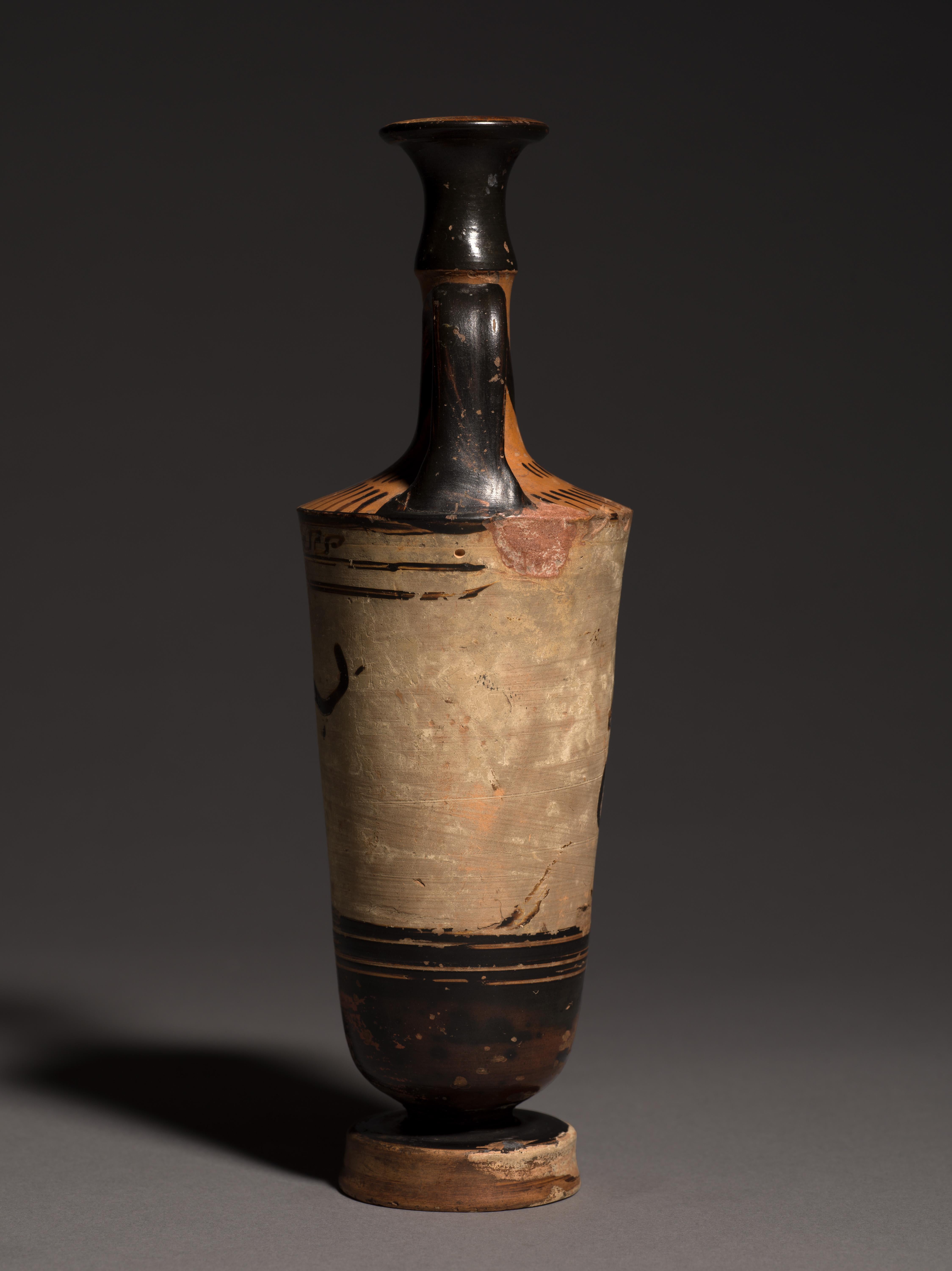 Attributed to the Beldam Painter, this attic lekythos with black figure on white background features a chimney shape. 

PROVENANCE
Emmanuel Segradakis (1890-1948) collection, Paris
Private collection, Oxford
Private collection, London, acquired