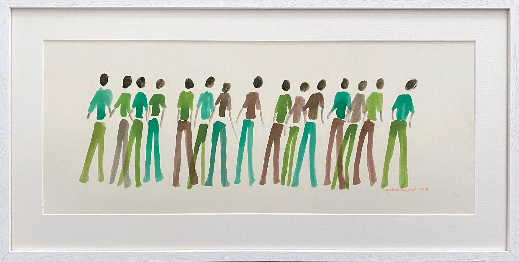Il team Greene & Greene

Il disegno a inchiostro di Gabrielle Pool presenta un assemblaggio dinamico di figure astratte disposte in linea orizzontale, catturando un senso di movimento e interazione. Realizzata in tonalità terrose di verde, marrone e