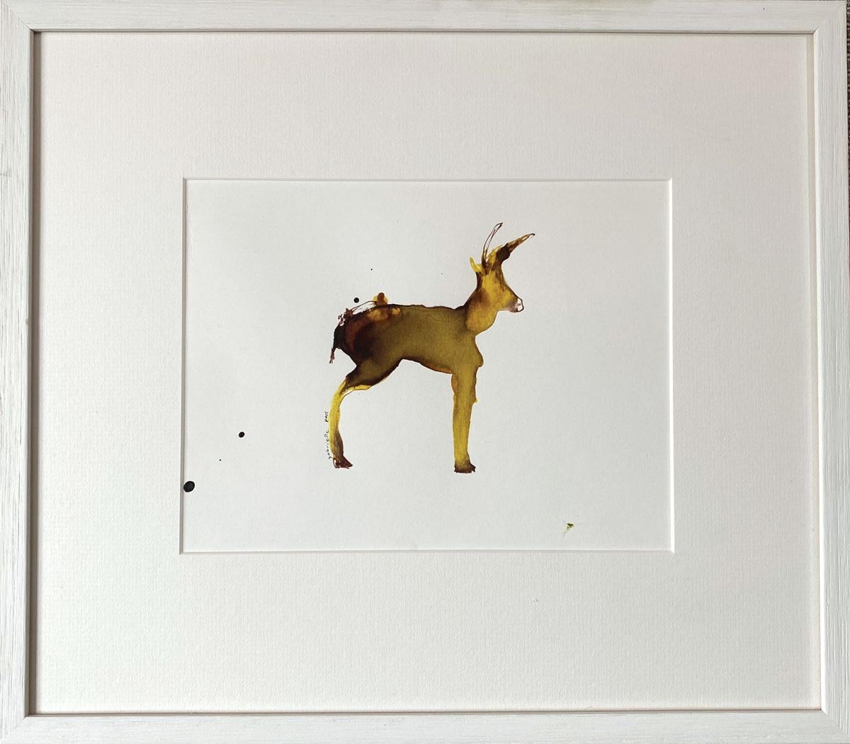 Gabrielle Pool's intriguing artwork showcases an abstract depiction of an antelope rendered in fluid washes of sepia and ochre. The deliberate use of ink creates a sense of motion and vitality, with the pigments bleeding into one another and forming