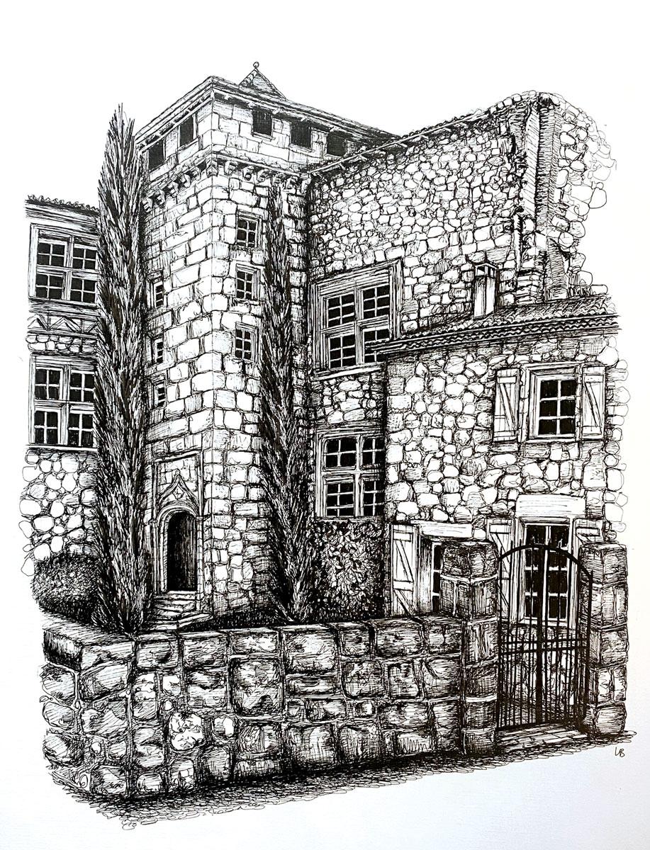 Le dessin de Libby Bothway du château de Fourcés en Gascogne, en France, est réalisé à la plume et à l'encre avec des détails méticuleux. Le château, avec ses pierres texturées et ses teintes variées, dégage une aura de grandeur historique. Chaque
