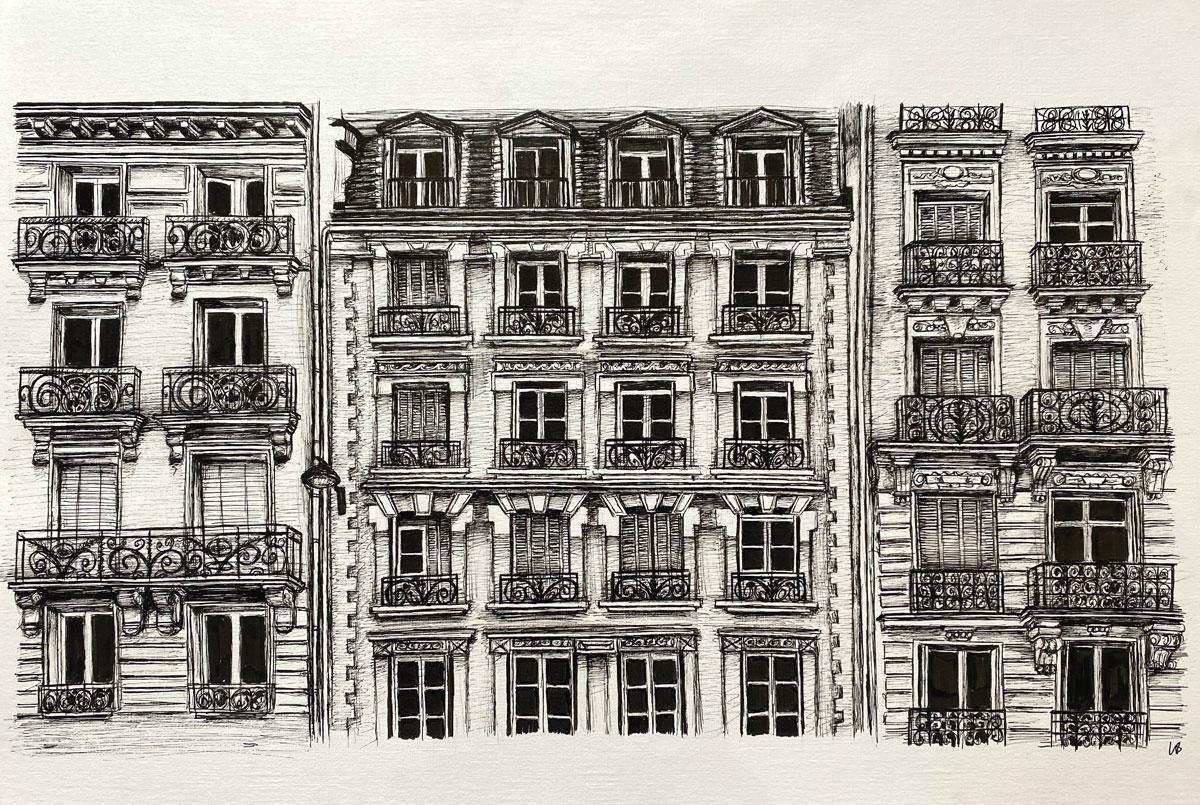 Libby Bothway's detailed and captivating pen illustration, captures the essence of iconic Parisian architecture. The monochrome drawing vividly showcases three adjoining classical Parisian apartment buildings, complete with intricate wrought-iron