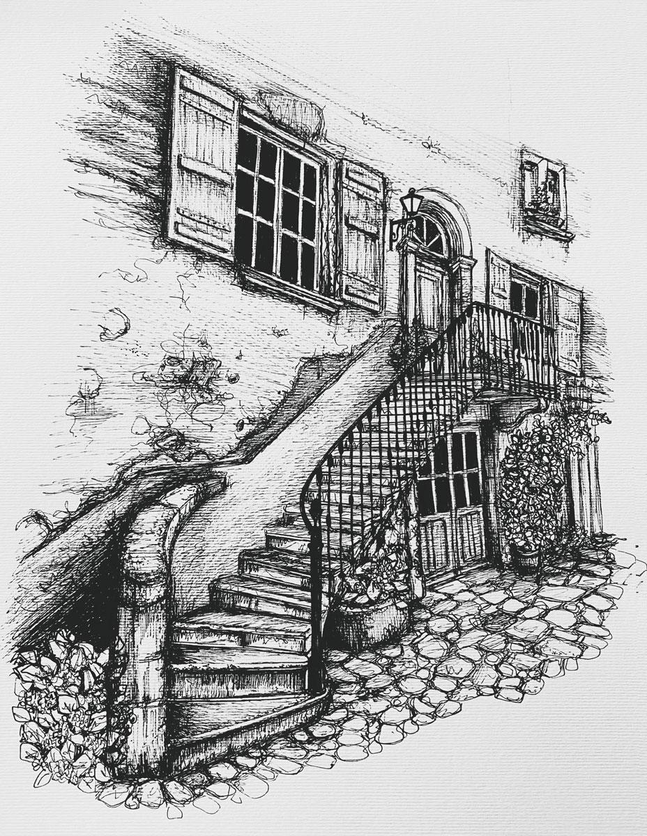 Le charme rustique de la vieille France est magistralement évoqué par la plume et l'encre de Libby Bothweay. L'accent est mis sur un escalier en pierre usé par les intempéries qui s'élève gracieusement et dont les marches usées invitent à