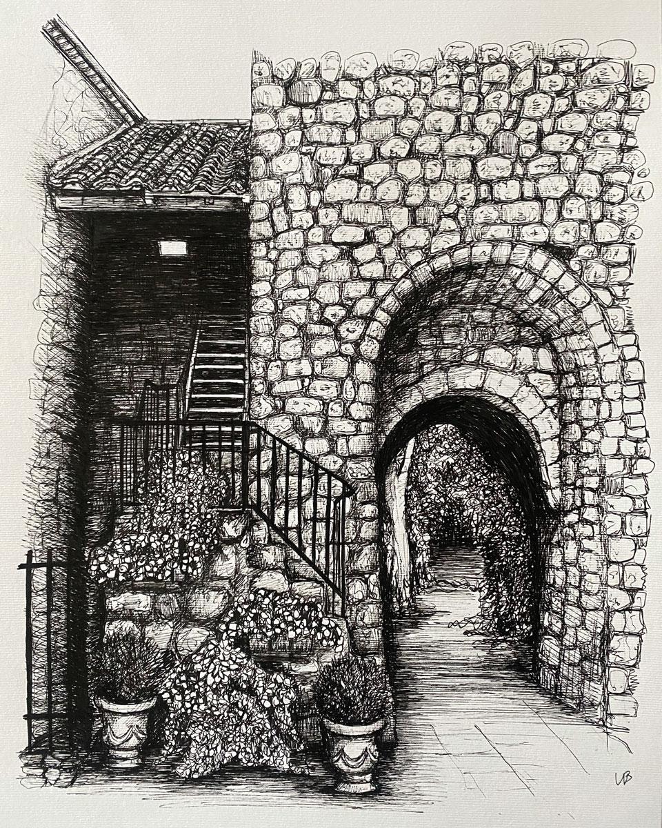 "On the Streets of Chinon" by Libby Bothway is a captivating pen and ink drawing that intricately depicts the facade of a classic French building, featuring meticulous attention to architectural detail. The artwork features a three-story structure