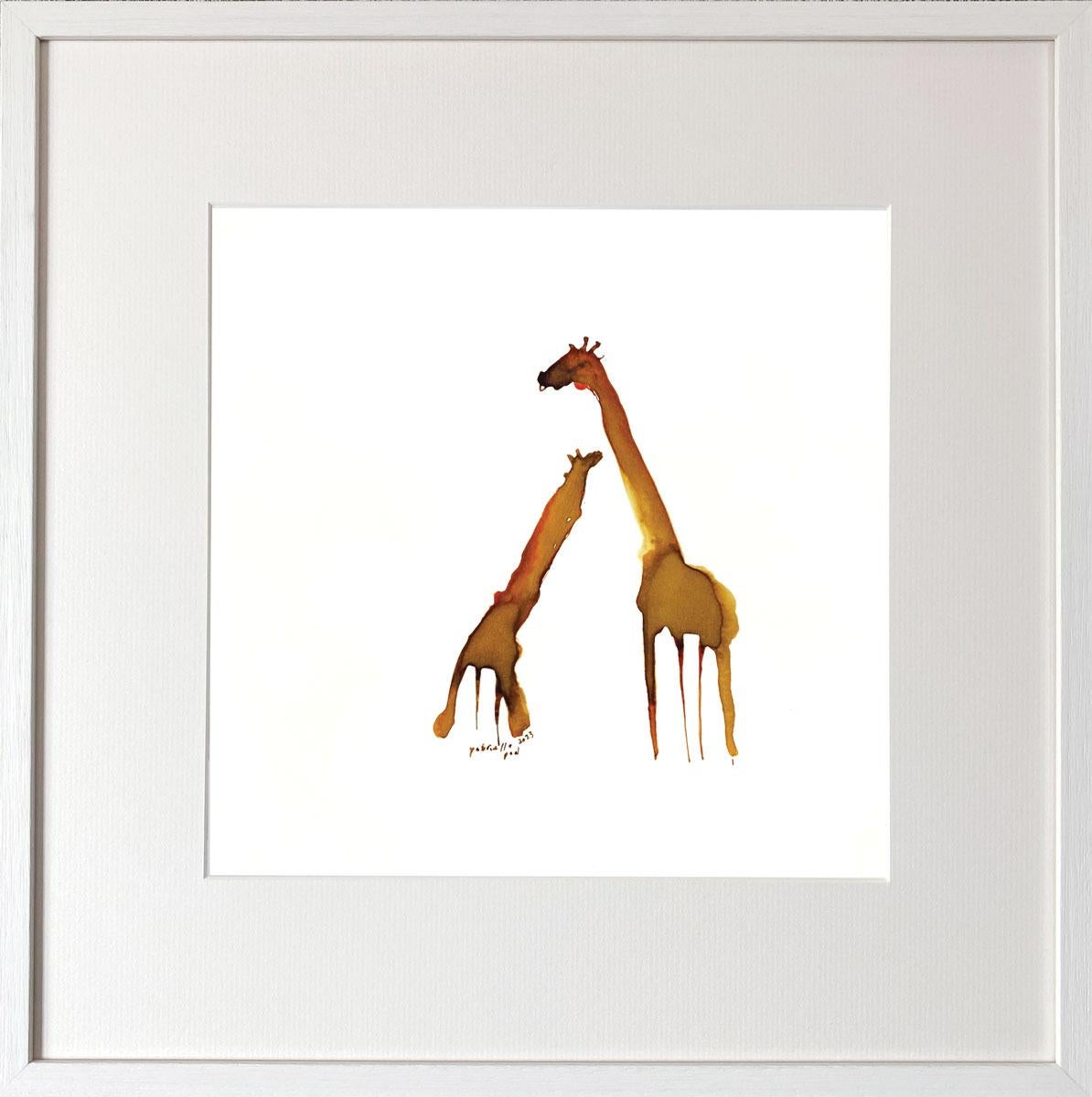 Esta obra de arte capta magistralmente dos jirafas elegantemente alargadas en acuarela, creando un estilo impresionista distintivo. La composición muestra a una madre y a su cría de jirafa, con sus cuellos arqueándose graciosamente el uno hacia el