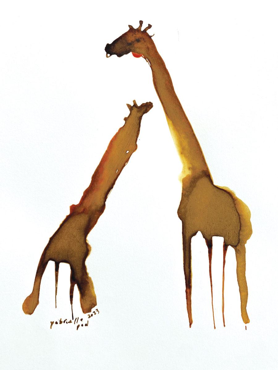 madre y cría - Gabrielle Pool - Caprichoso dibujo a tinta de una jirafa en venta 2