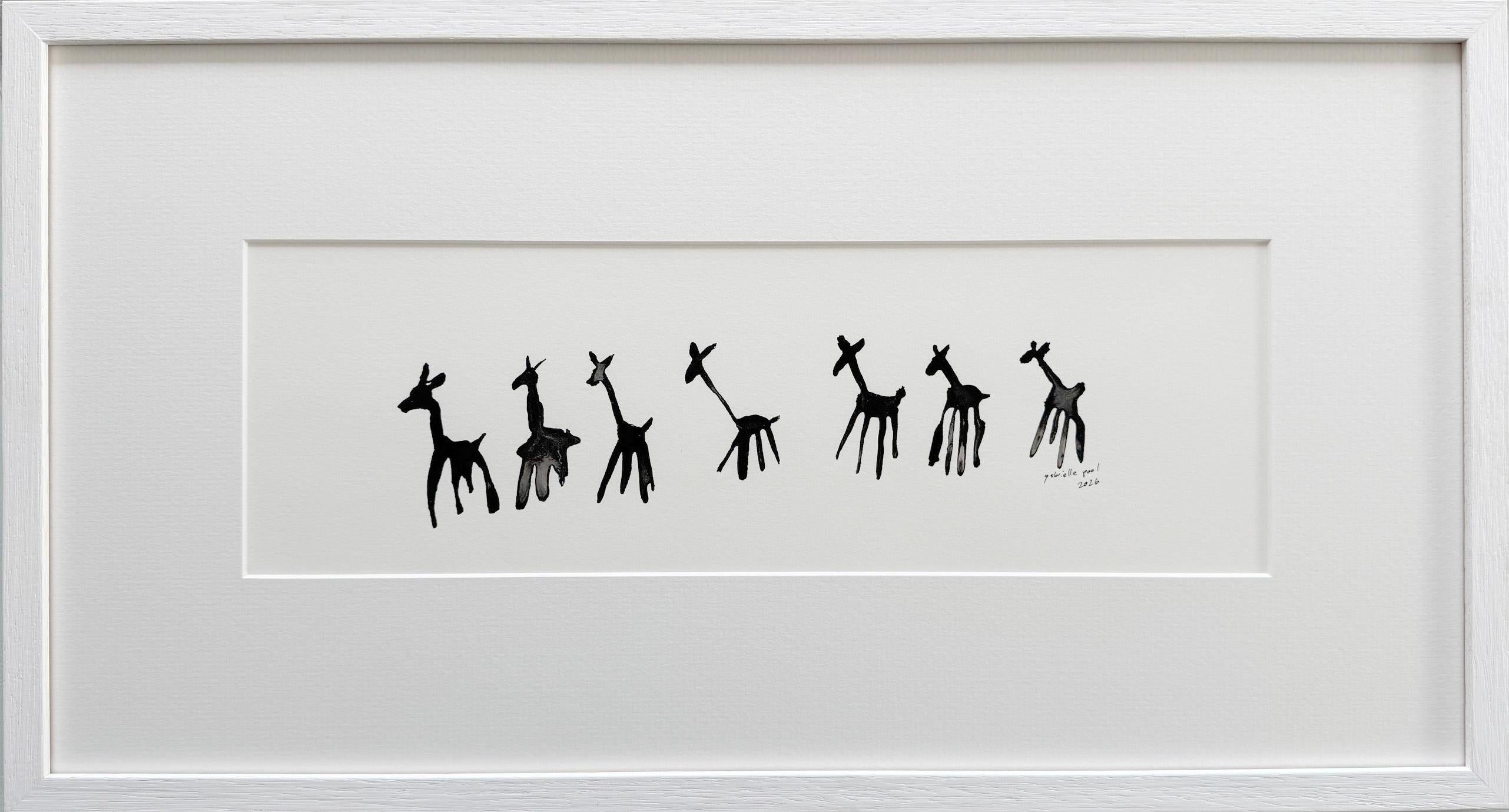Follow the leader - Gabielle Pool - Whimsical ink painting of giraffes