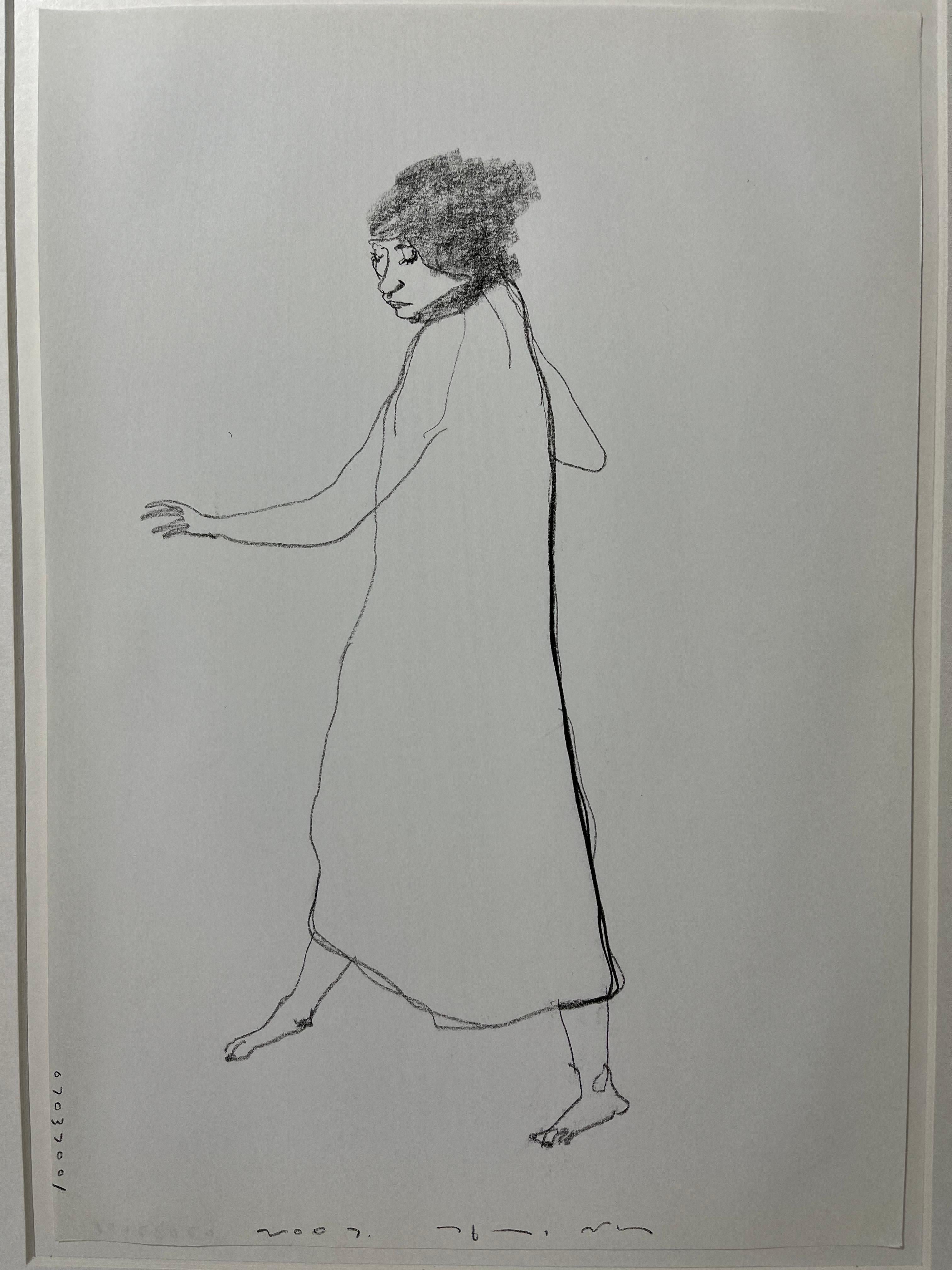 Portrait Painting Kiseok Kim - Rappelant [ dessin, technique mixte sur papier, portrait, femme, marche, noir]