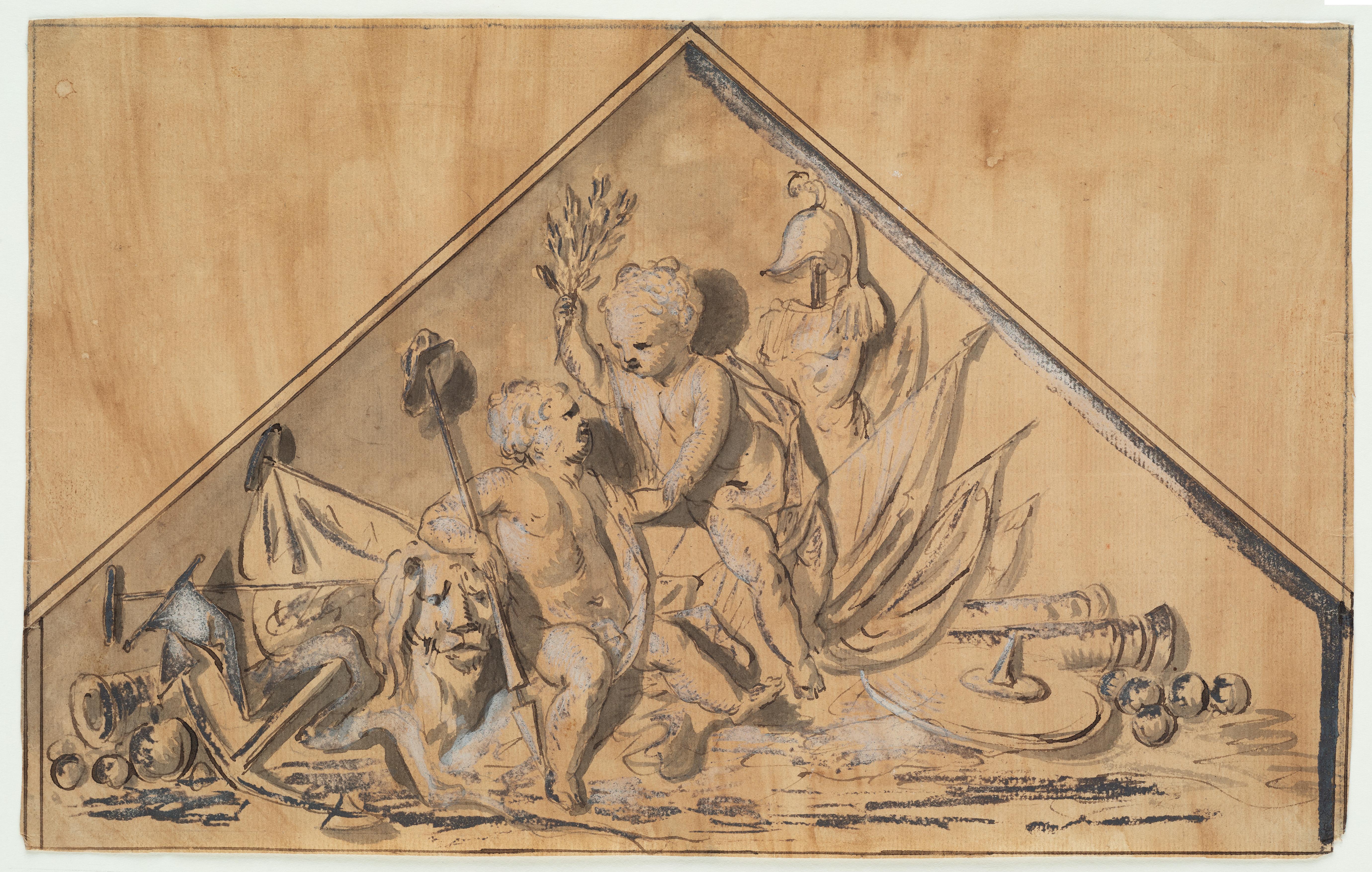 Old Master Drawing, Baroque, Jacob de Wit, Allegory of Victory, Putti, Ships - Art by Jacob De Wit