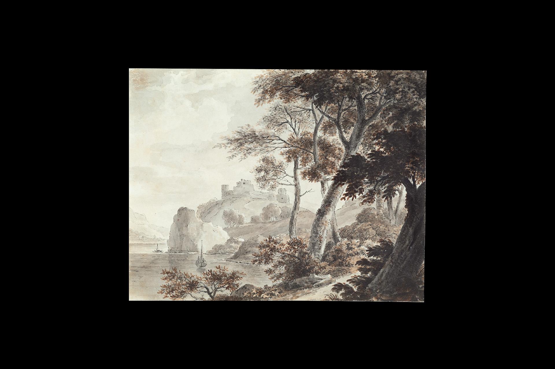 Südstaatliche Landschaft, Schiffe, Zeichnung eines alten Meisters, 19. Jahrhundert, von Von Stengel – Art von Stephan Christian von Stengel