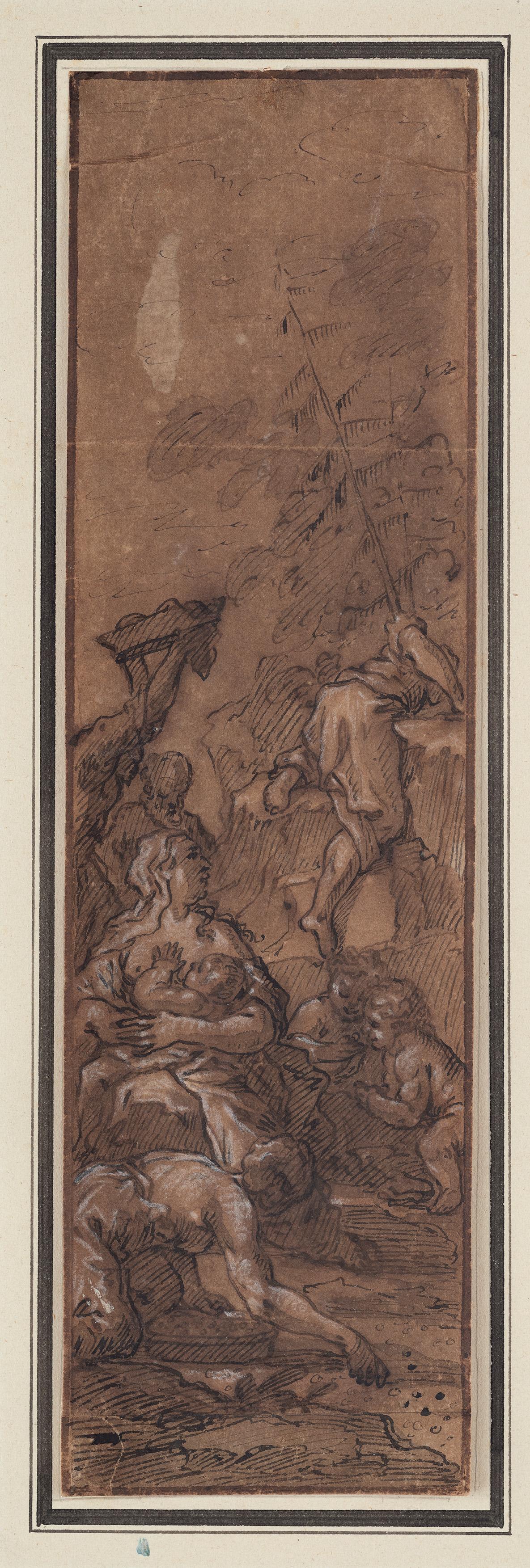 Unknown Figurative Art - Italian Artist, Gathering of Manna. Old Master Drawing, 17th Century, Figurative