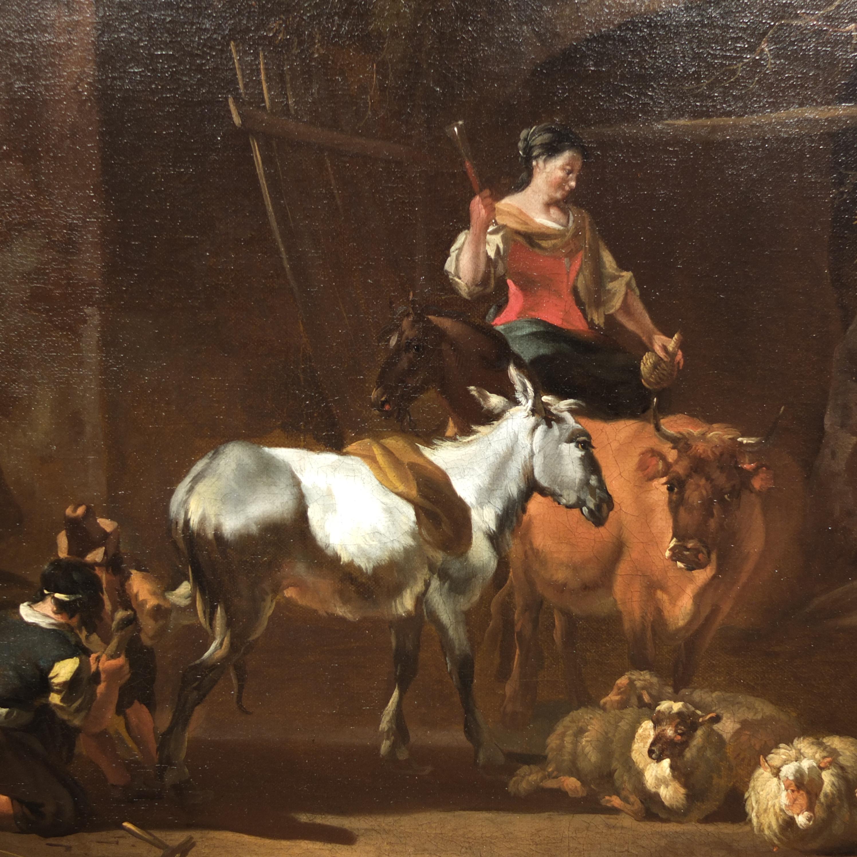 Van der Bent, Southern Landscape with woman animals, Dutch Old Master, Berchem - Painting by Jan van der Bent
