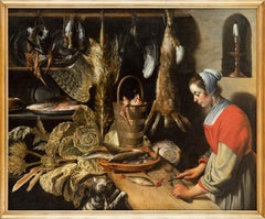Still Life Painting, Kitchen Piece, Cat and Maid, Old Master, Attr. Van Boucle