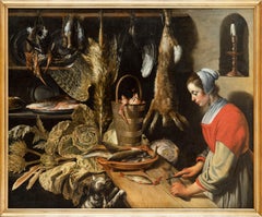  Still Life Painting, Kitchen Piece, Cat and Maid, Old Master, Attr. Van Boucle