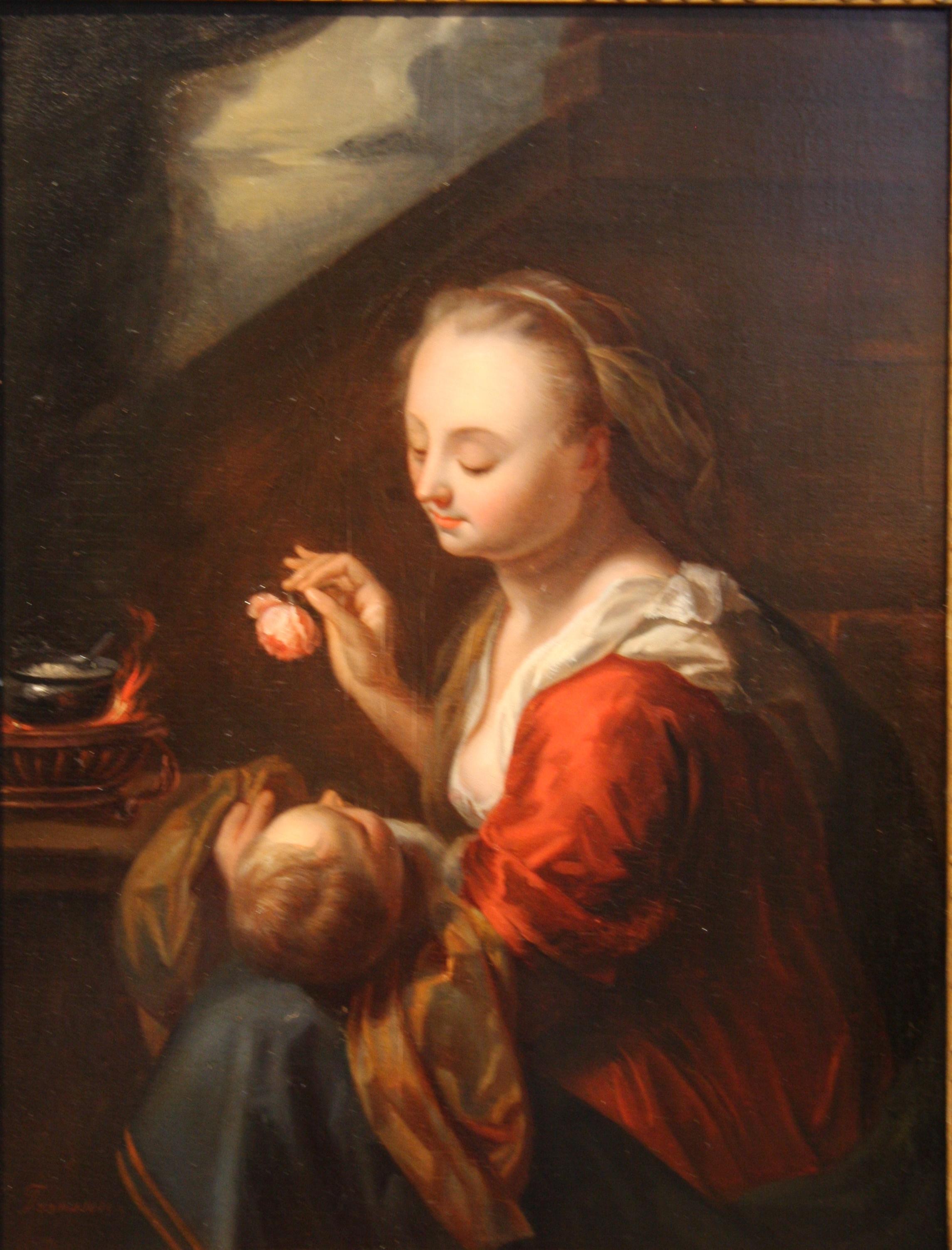 L.... Franssen Interior Painting – Mutter mit Kind, Rose, Alter Meister, Figurative Malerei, Liebe, Weihnachtsszene