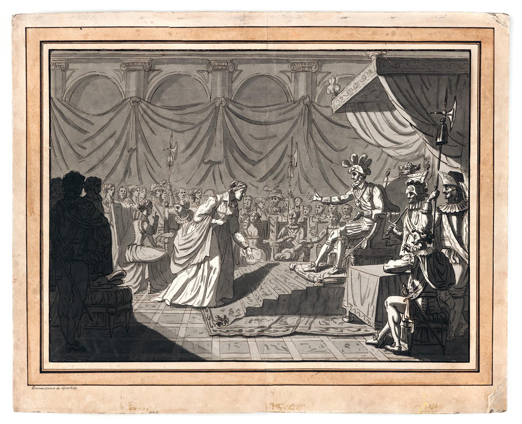 Scène de théâtre, opéra, dessin de maîtres anciens, Griselidis, Mallet, Art français