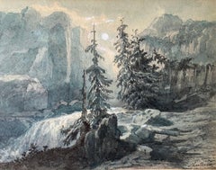 Landscape by Moonlight Waterfall Mountain Monthelier French Romantic Art