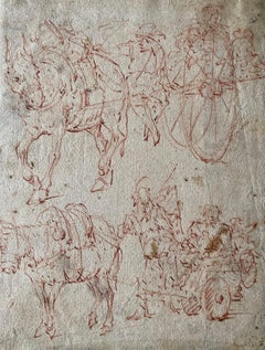 Flemish Old Master, Study of Donkey Carriage, 17th Century, Sanguine Drawing