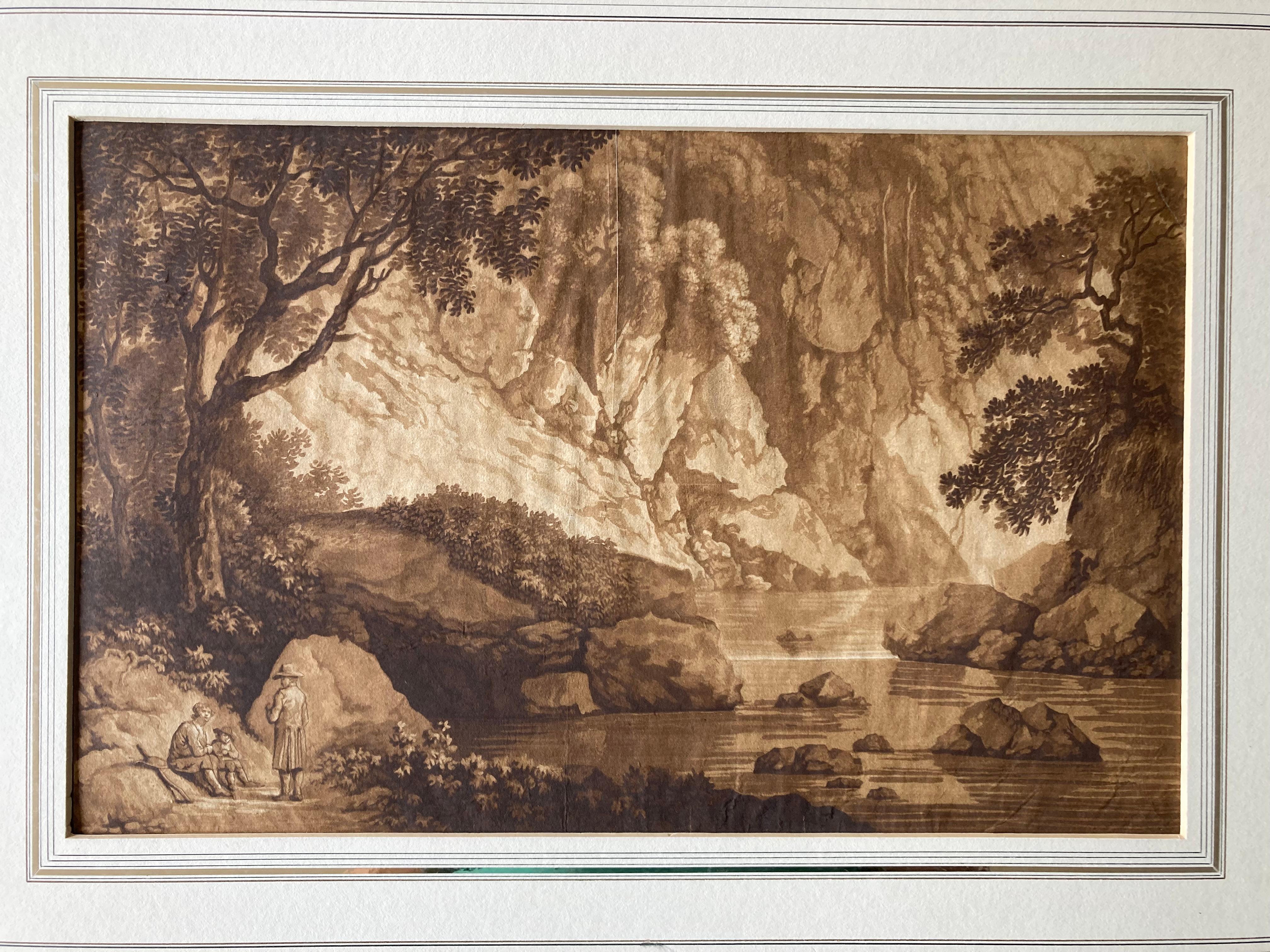 Mountainous Riverlandscape mit ruhenden Wanderern, Deutsch, Aquatinta, alter Meister