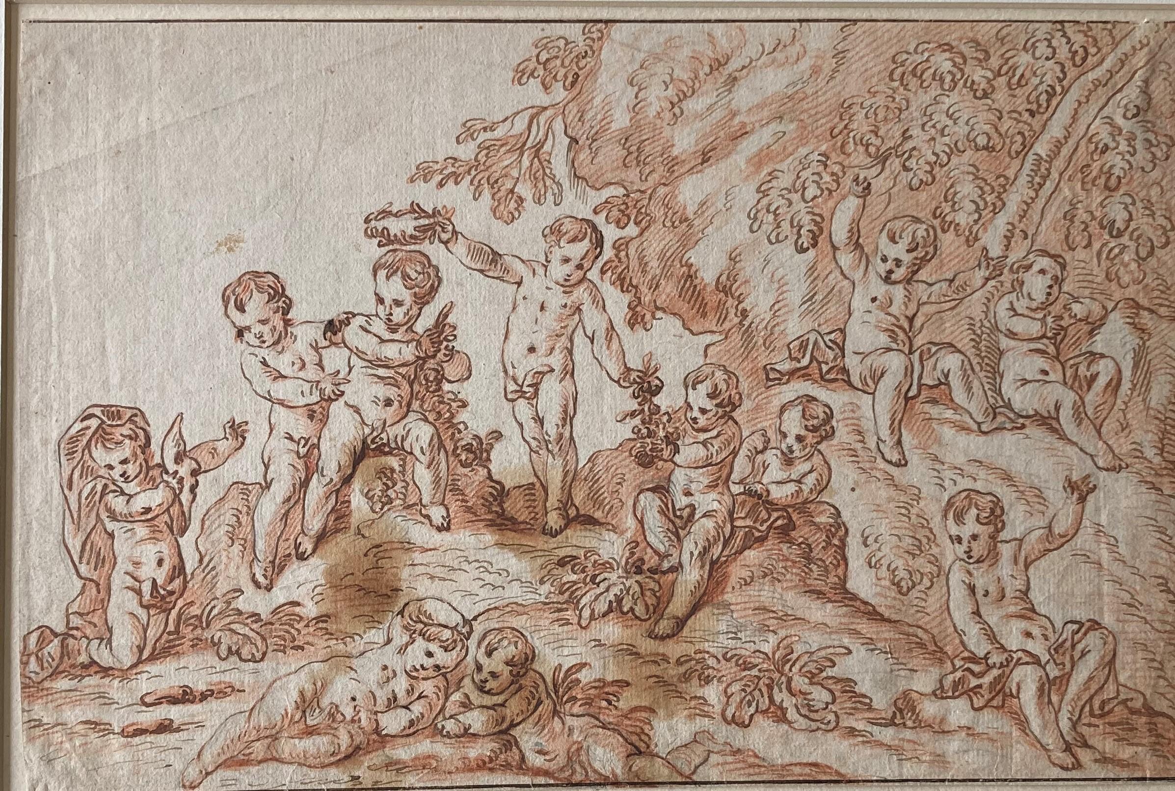 Putti in a Landscape, Putti playing, flowers, Berchet, French Art, Old Master