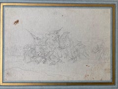Antique French Orientalist Art, Old Master Drawing Elephants, Hunt and Soldiers, Nature