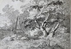 A Landscape Scene with two figures, a great tree and an obelisk, English School