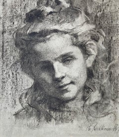 Vintage German Female Artist, Study or Portrait of a Girl, Expressionism, Realism