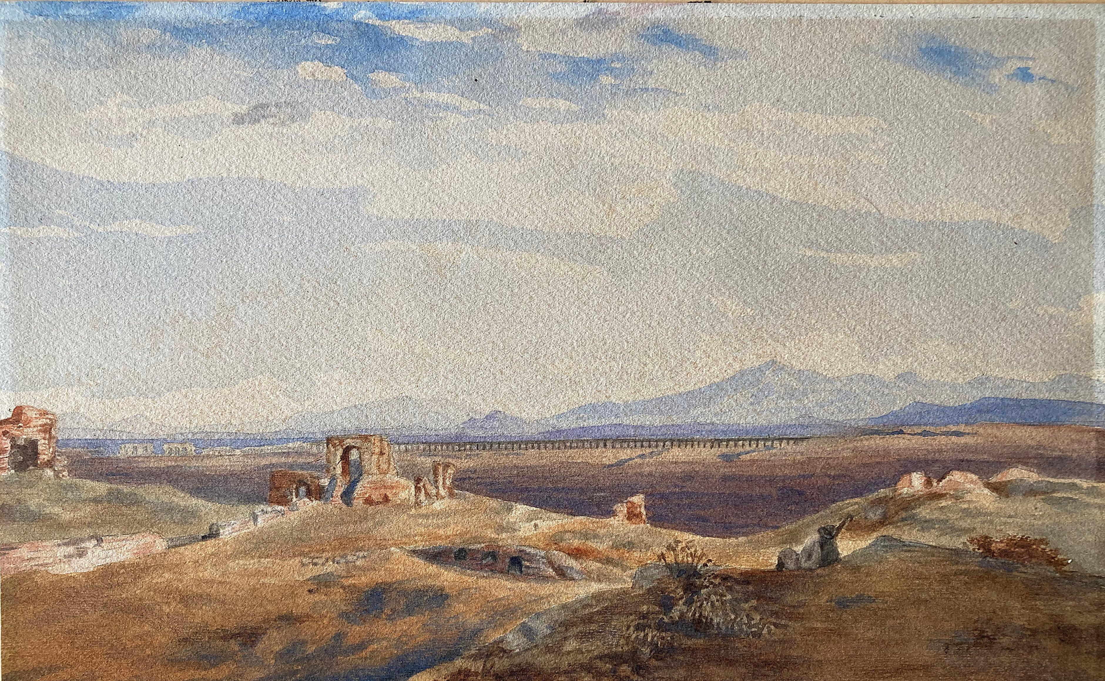 Edward Lear, vaste paysage grec italien, ruines antiques, Campagna di Roma