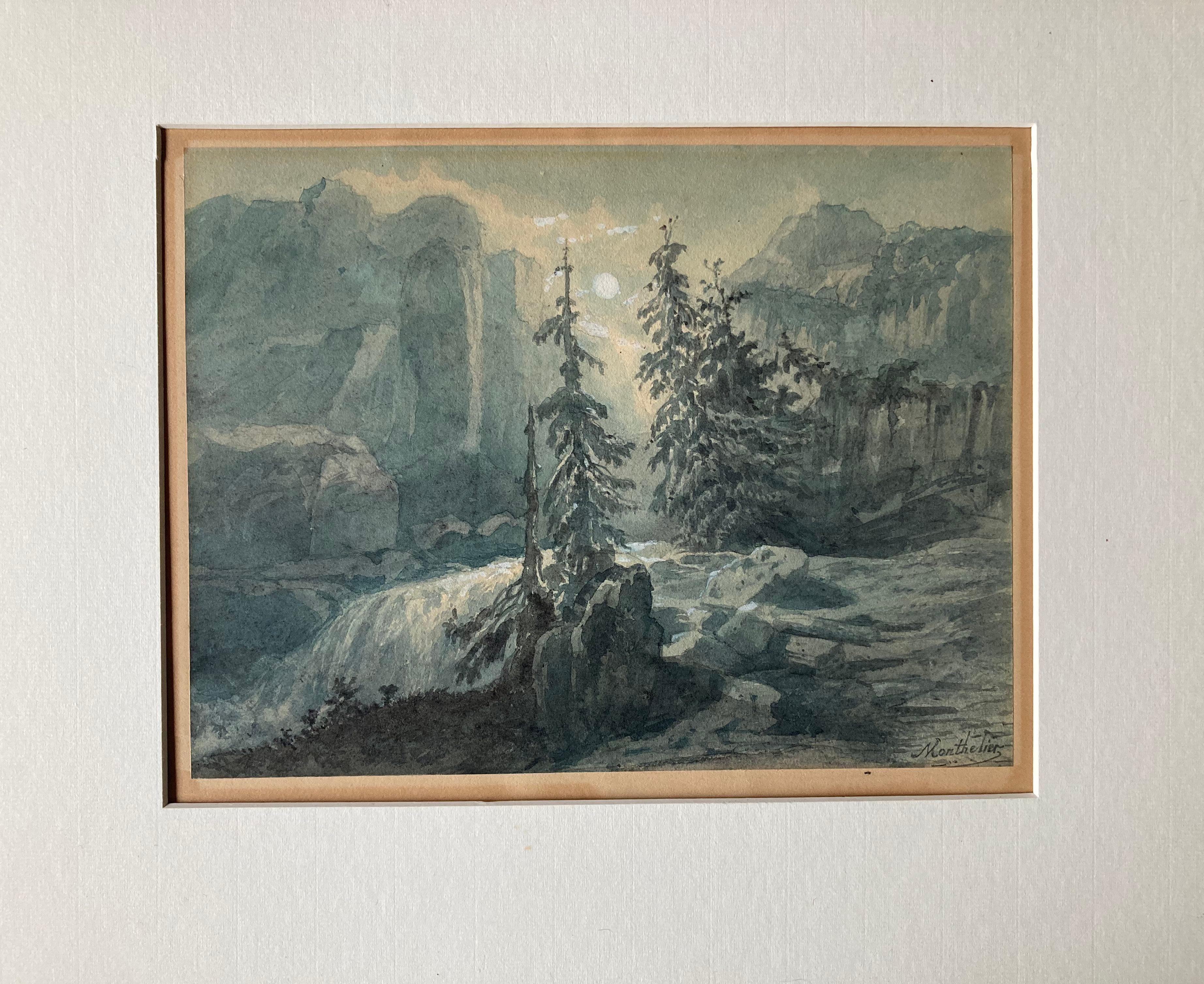 Paysage au clair de lune, cascade, Monthelier, Art romantique français, Noël - Gris Landscape Art par Jules Alexandre Monthelier 