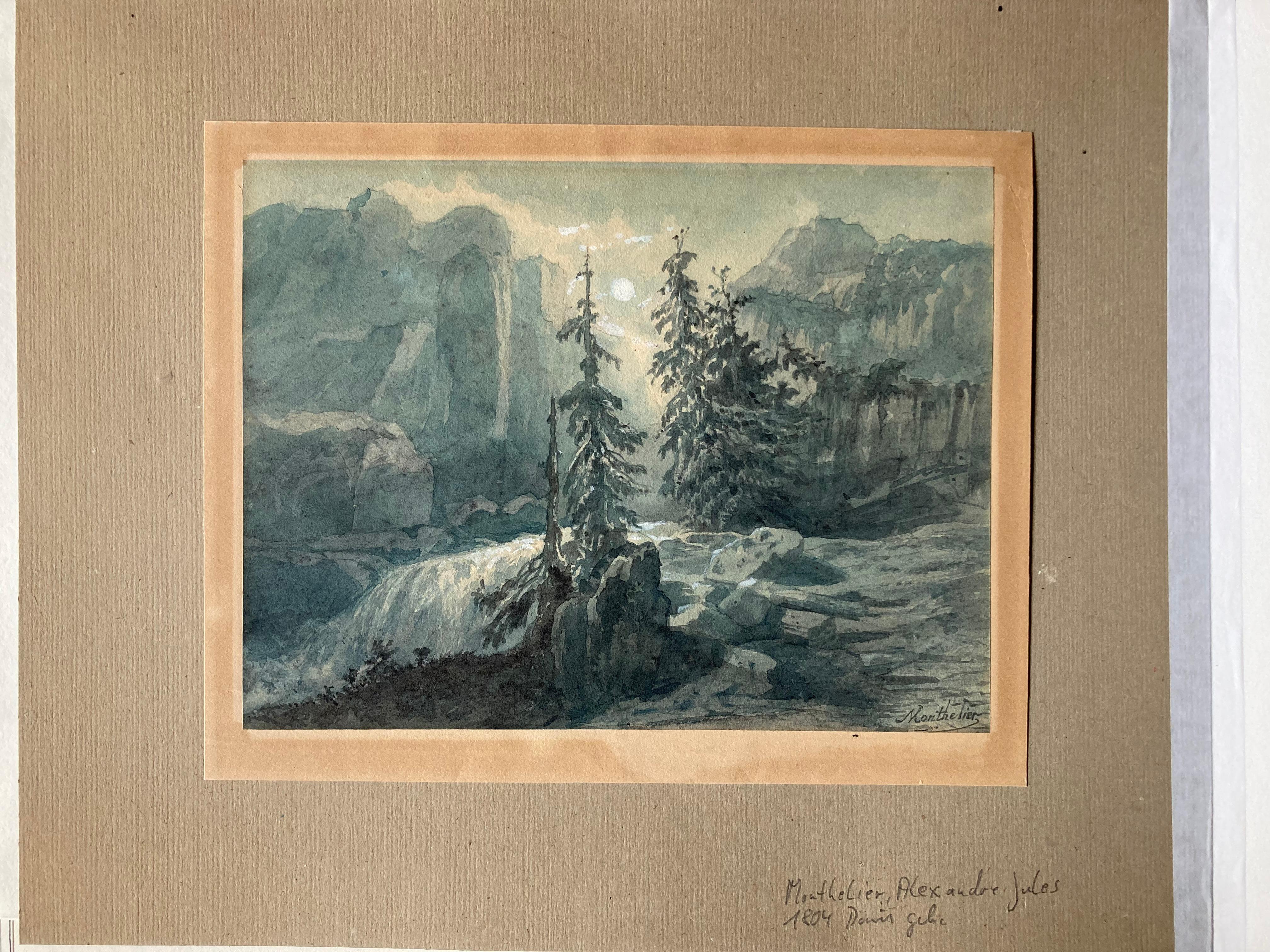 Paysage au clair de lune, cascade, Monthelier, Art romantique français, Noël en vente 6